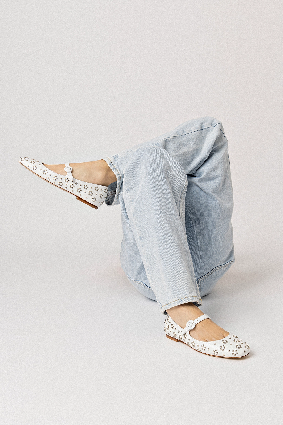 Blair Women's White Leather Ballet Flats with Metallic Studs - Comfortable & Stylish Shoes for Work, Casual Wear & Dance