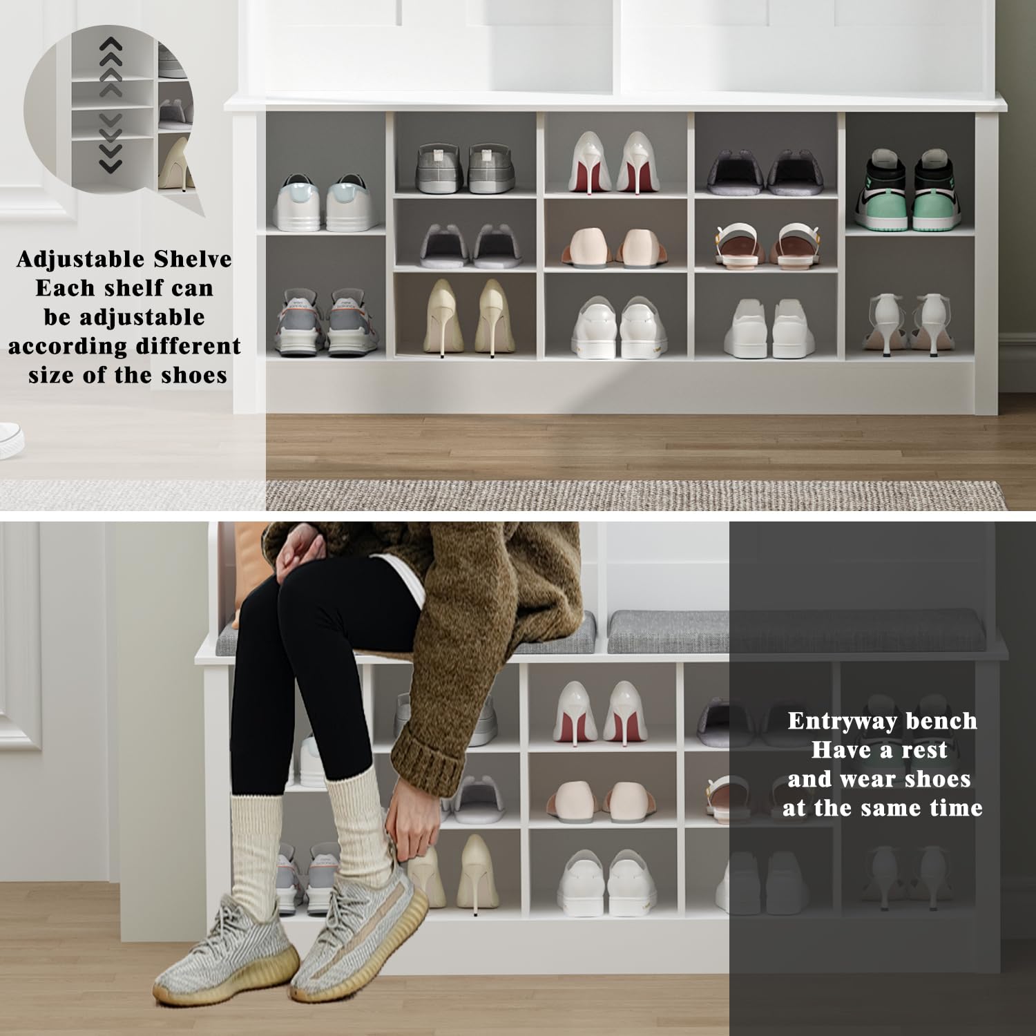 5-in-1 Hall Tree with Bench & Shoe Storage - Entryway Organizer with Coat Rack, Adjustable Shelves & Hooks - Perfect for Foyer, Hallway or Bedroom - White Entryway Furniture for Home Organization