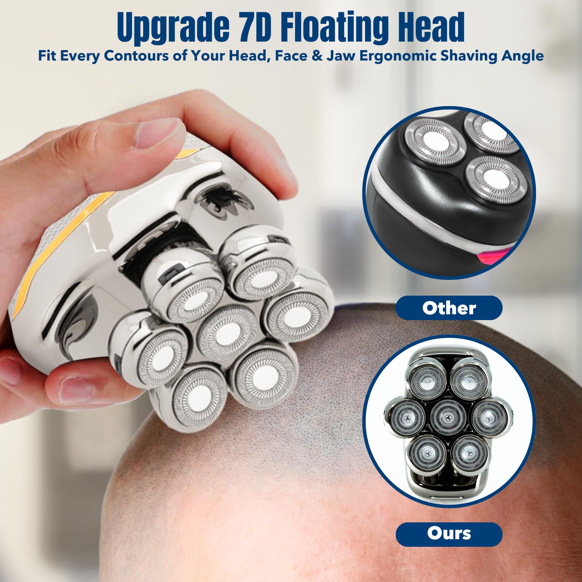 LASTBP 7D Rotary Electric Head Shaver for Bald Men - Waterproof Rechargeable Shaver with Detachable Heads for Smooth Shaving | Perfect for Travel, Gym & Daily Grooming Routine