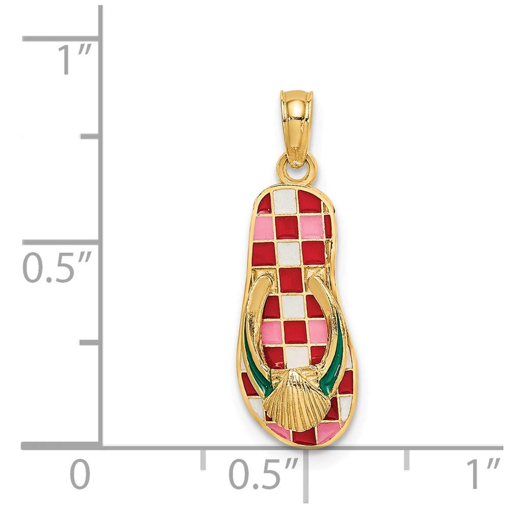 14K Yellow Gold Shell Red Checkered Flip-Flop Pendant - Beach Jewelry for Women, Summer Fashion Accessory, Gift for Her