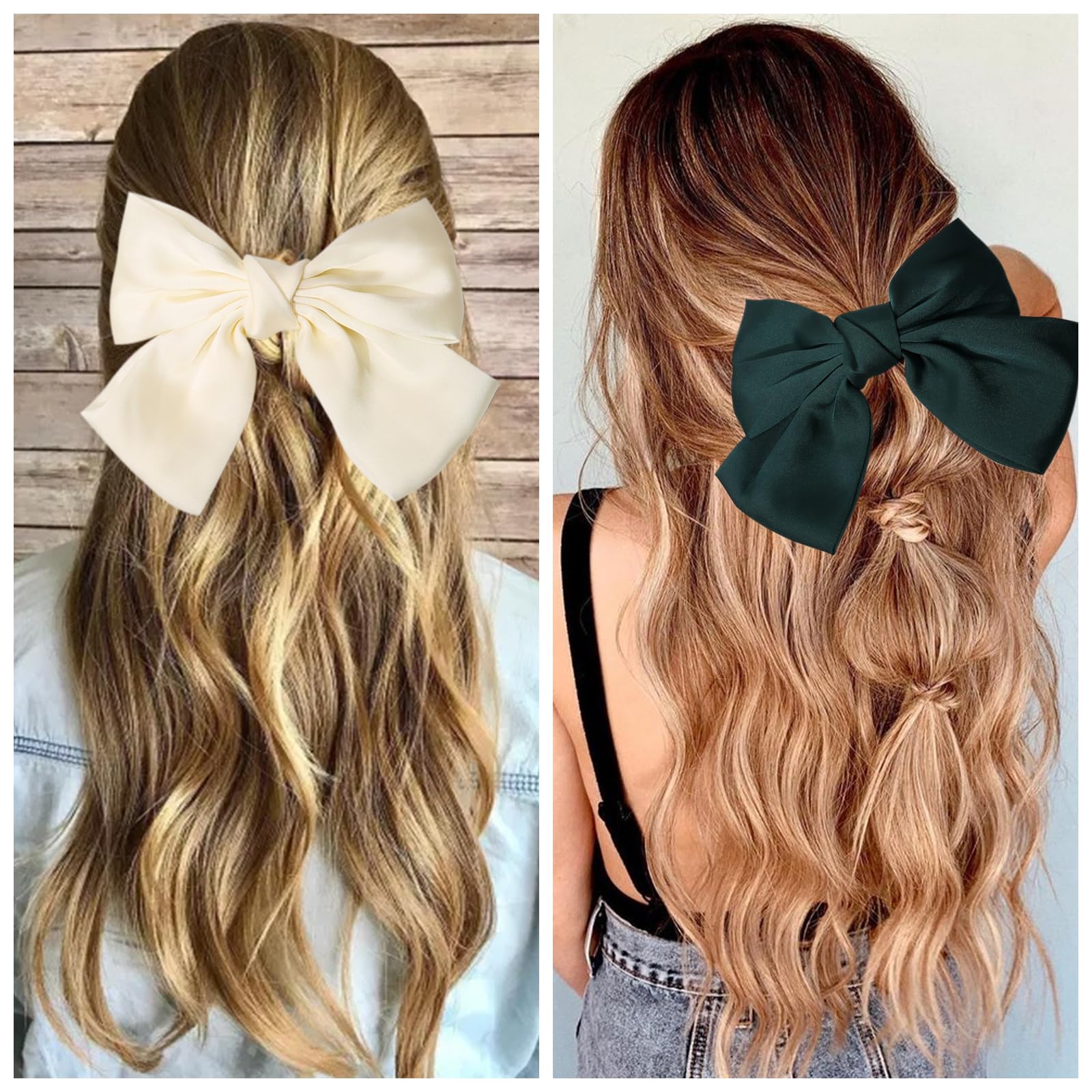 ZOCONE 4 Pack Large Women's Hair Bow Clips - Soft Satin French Style Hair Accessories in Green, Black, Red & White | Perfect for Weddings, Parties, Prom & Everyday Fashion
