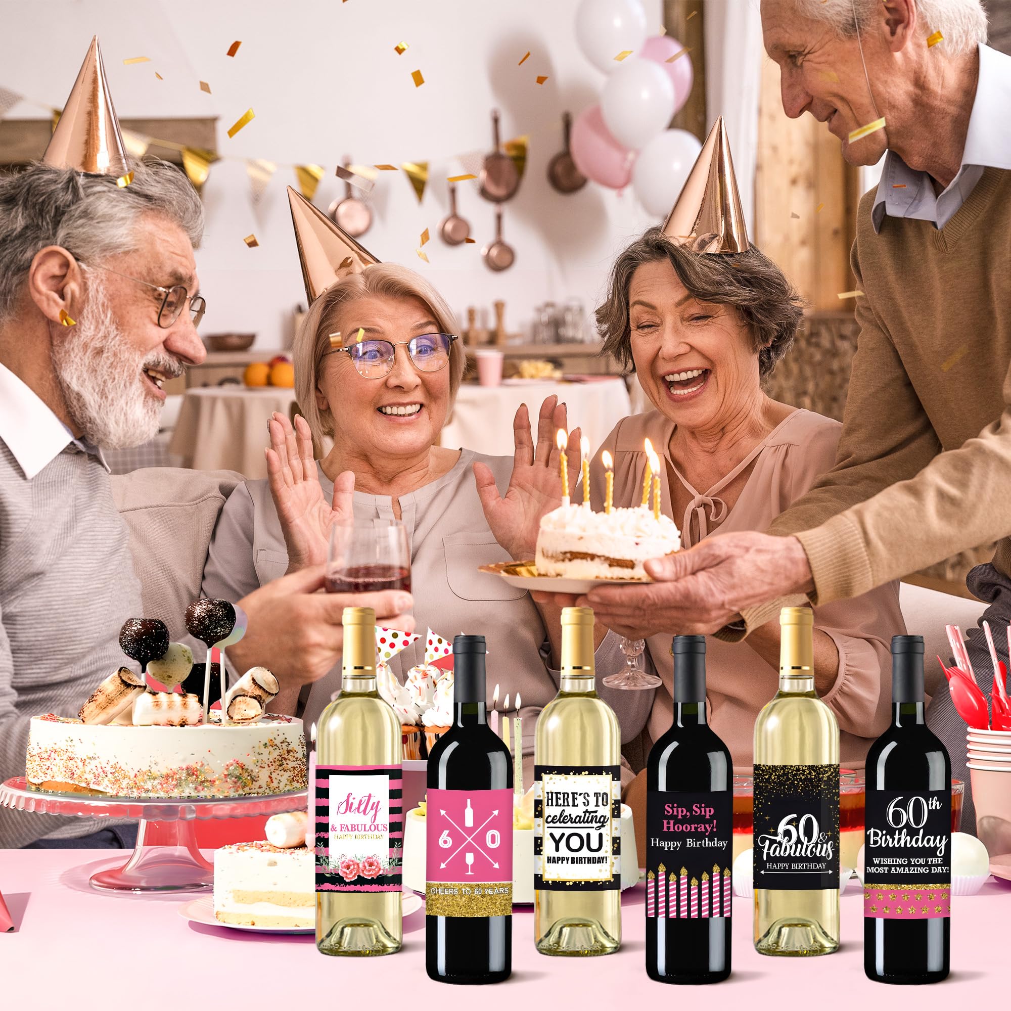 VIDELLY 12-Pack Custom 60th Birthday Wine Bottle Labels - Personalized Waterproof Stickers for Women, Black Gold & Pink Party Decor - Perfect for Milestone Celebrations, Retirement Gifts & Anniversary Parties