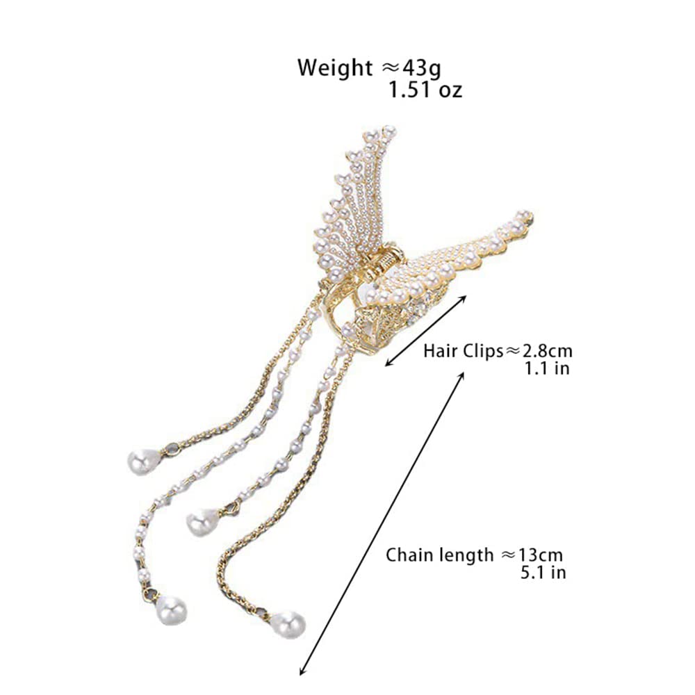 TOPPROSPER Crystal Pearl Butterfly Hair Clips for Women - Elegant Tassel Hairpins, Shiny Hair Accessories for Birthday Parties, Weddings & Special Occasions (Pearl)