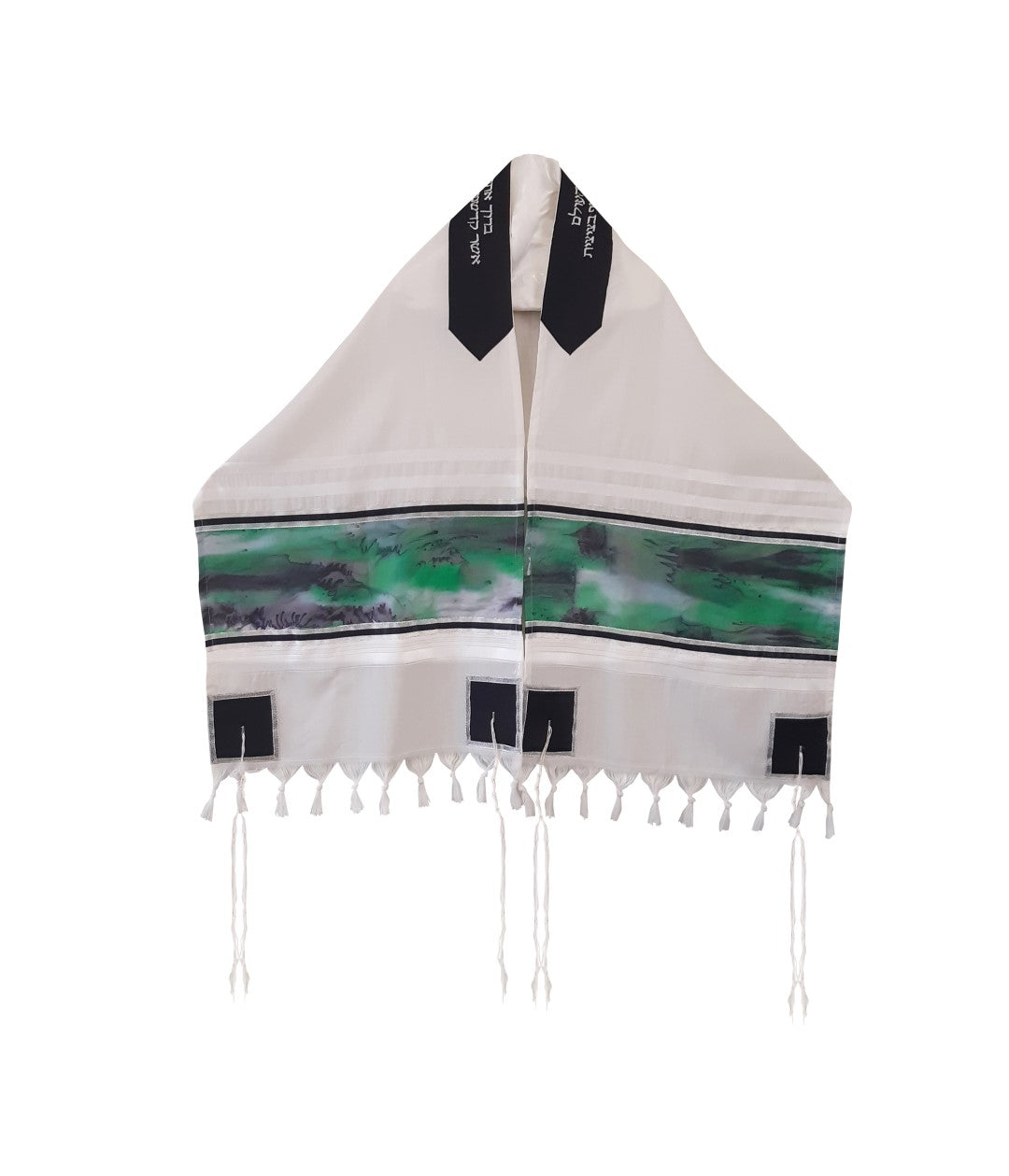 Hand-Painted Green Marble Silk on Wool Wedding Tallit Shawl – Perfect for Jewish Ceremonies, Bridal Gifts & Special Occasions