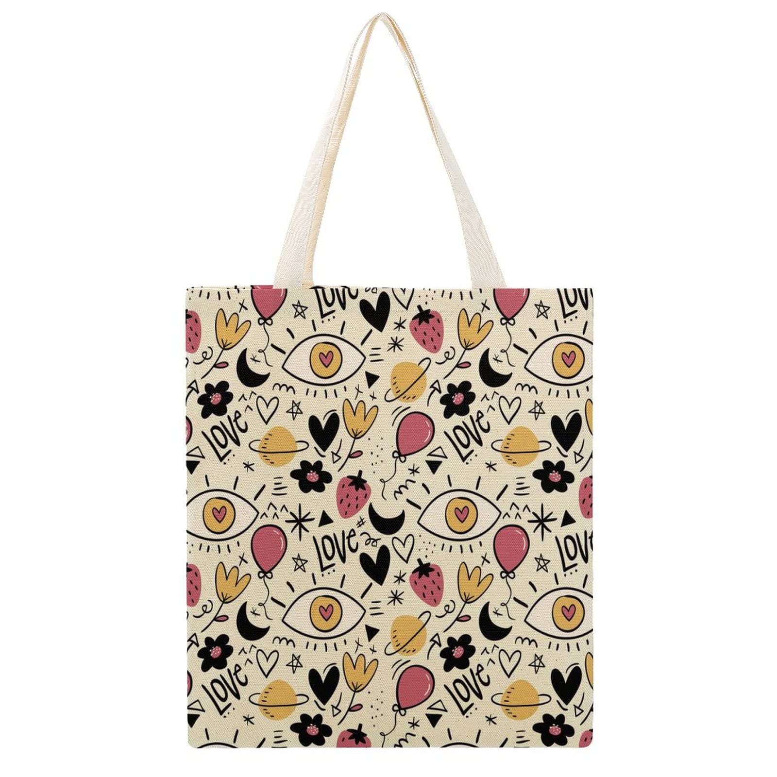 Custom Printed Canvas Tote Bag for Women - Eco-Friendly Reusable Grocery & Shopping Shoulder Bag with Strawberry Flower Love Design - Perfect for Grocery Shopping, Beach Trips & Daily Use