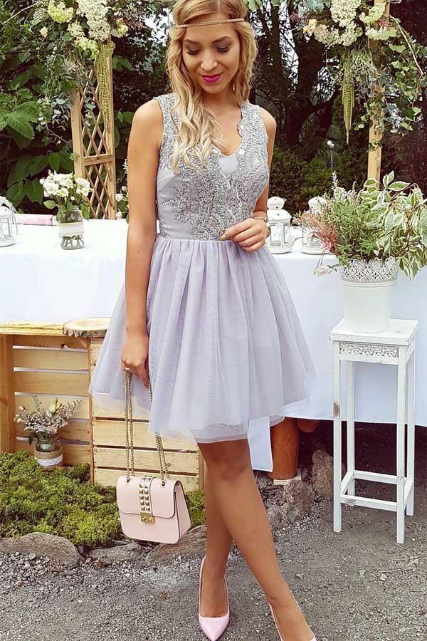Elegant A-Line V-Neck Short Lilac Tulle Homecoming Dress with Delicate Lace - Perfect for Prom, Party & Special Occasions | PG194