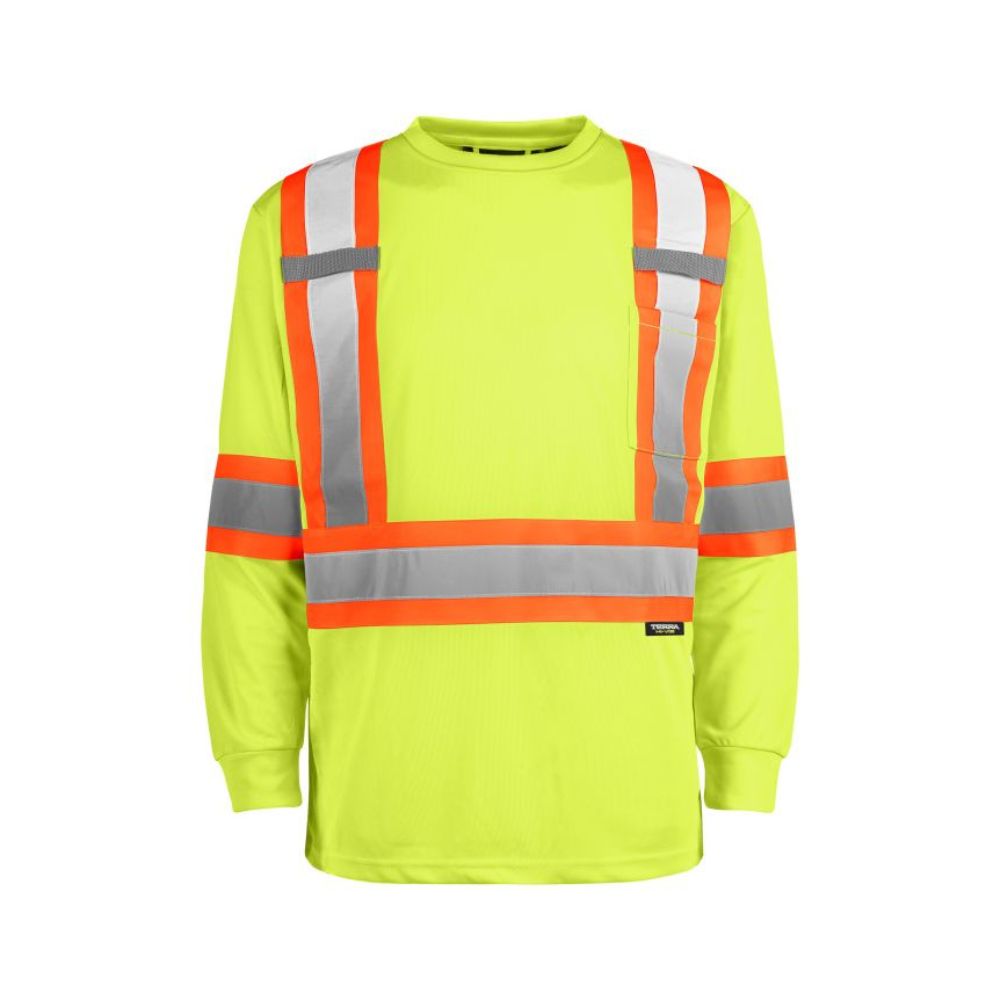Terra Hi-Vis Long Sleeve Work Shirt 116525YL - High Visibility Safety Shirt for Construction, Road Work & Outdoor Jobs | ANSI Certified Yellow Reflective Shirt
