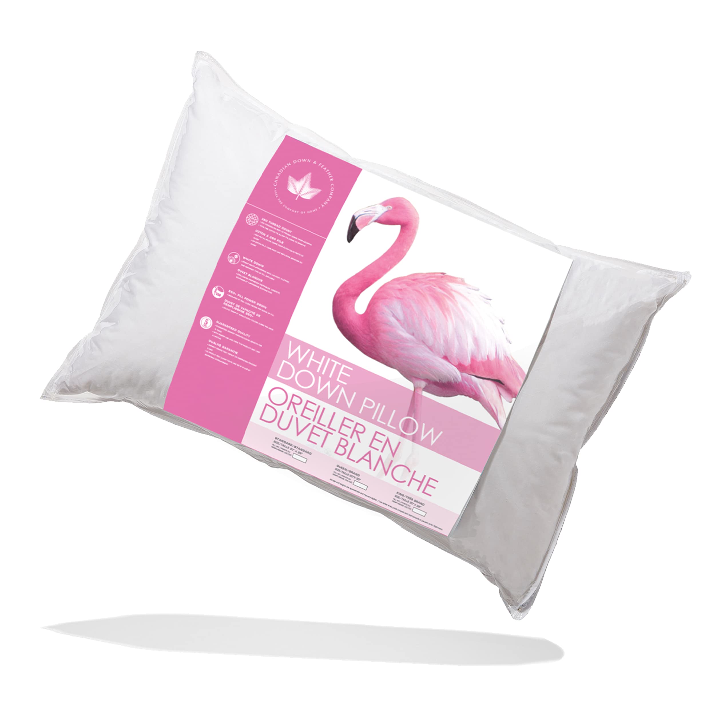 Canadian Down & Feather Co. - Firm Support White Down Pillow Queen Size - 260 Thread Count 100% Cotton Shell - Made in Canada - Perfect for Back Sleepers & Neck Support