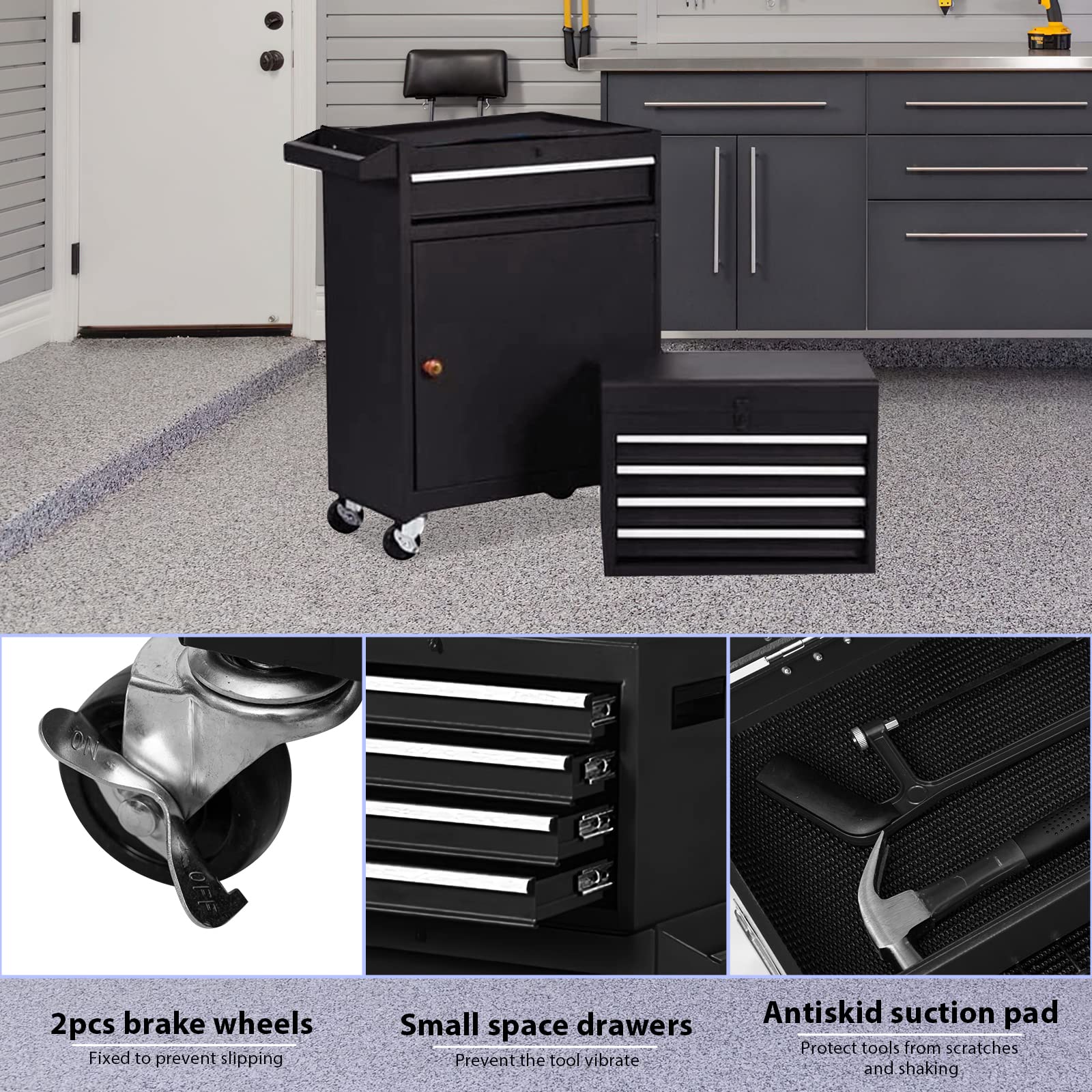 5-Drawer Rolling Tool Chest & Cabinet - Heavy Duty Garage Storage Organizer with Wheels & Lock, Portable Detachable Tool Box for Workshop, Warehouse, Auto Repair & Home DIY (Black)