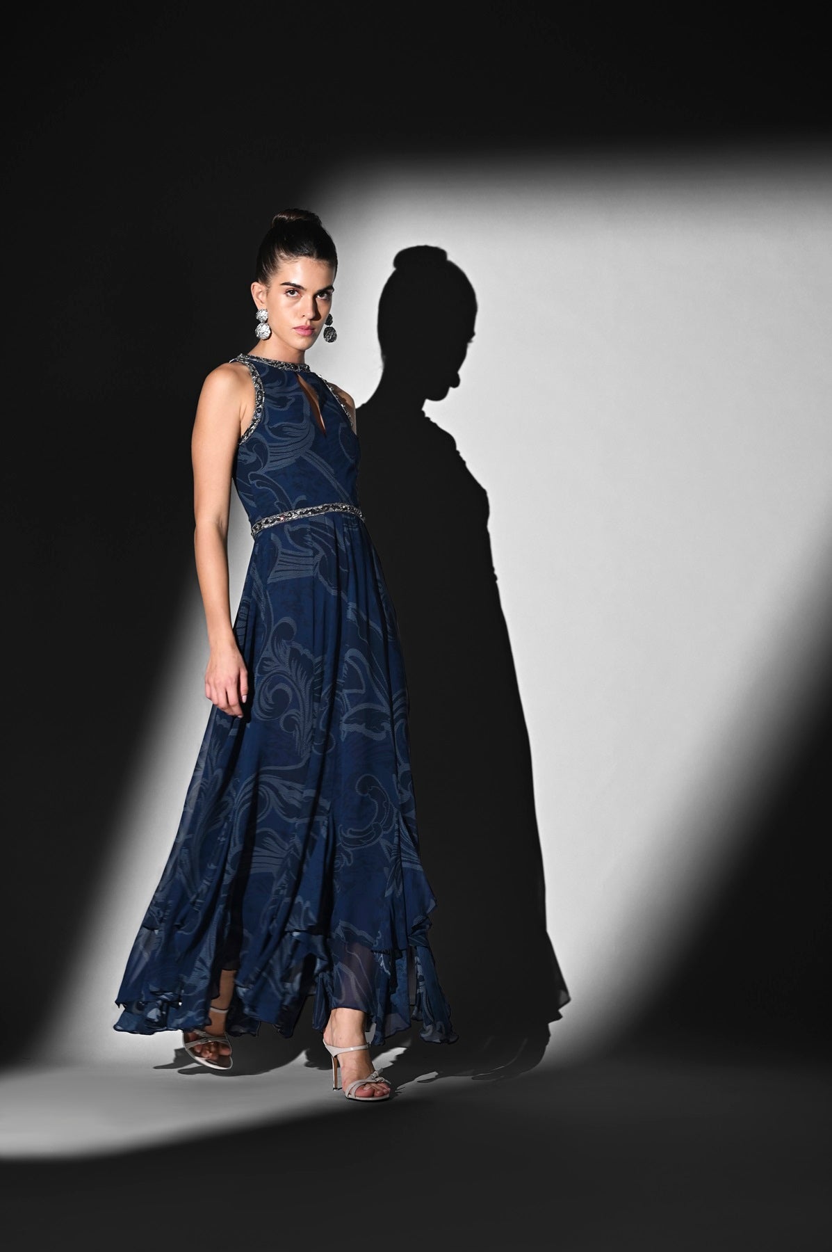 Indigo Swirl Print Dress with Silver Glass Cut Pipe Embroidery - Elegant Boho Chic Dress for Women, Perfect for Weddings, Parties & Summer Vacations