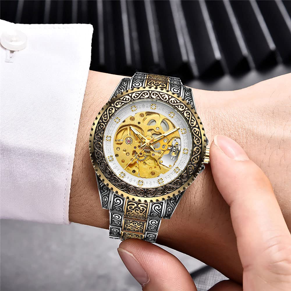 Luxury Men's Automatic Skeleton Watch - Gold & Black Engraved Mechanical Wristwatch for Men | Perfect for Business, Formal Events & Gift Giving