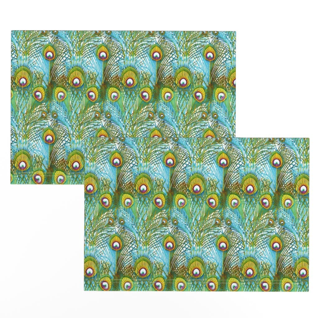 Premium Linen Cotton Canvas Placemats Set of 2 - Peacock Gold & Sky Blue Feather Print Table Mats for Dining, Kitchen Decor, and Party Settings