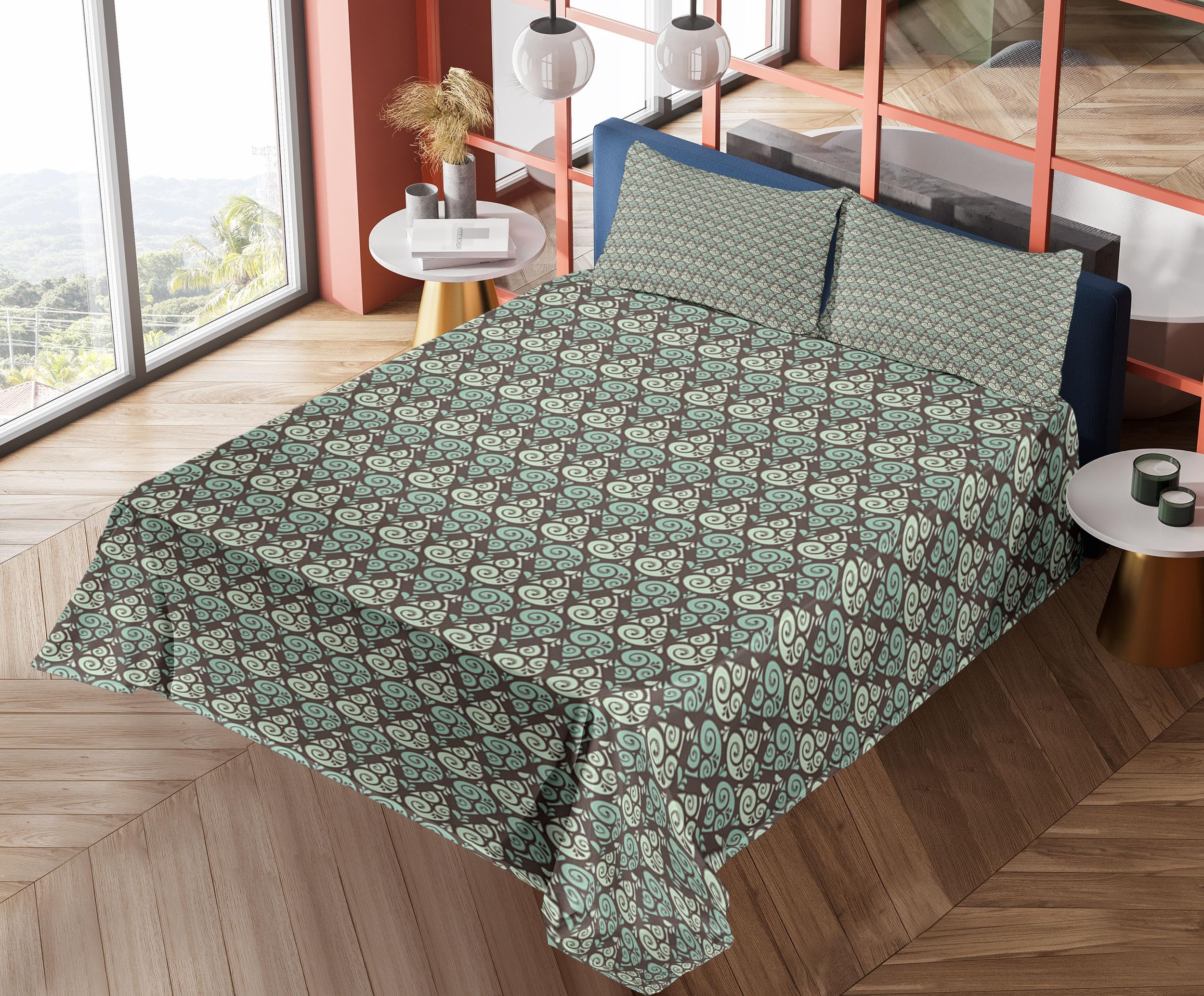 Ambesonne Abstract Raindrop Pattern Bed Sheet Set - 4 Piece Full Size with Fitted Sheet, Flat Sheet & Pillowcases - Mint Green Seafoam Brown Swirl Design - Soft Weather-Themed Bedding for Modern Bedrooms & Guest Rooms