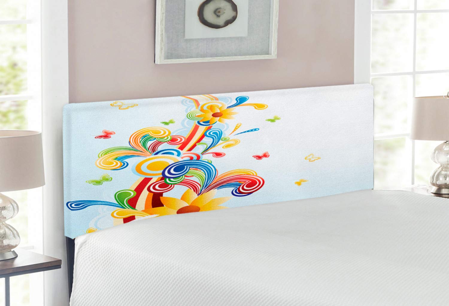 Ambesonne Abstract Upholstered Headboard - Funky Vertical Wave & Butterfly Design, Vintage Style Decorative Metal Bed Headboard with Memory Foam (Full Size, Multicolor) for Bedroom Decor & Guest Room Upgrade