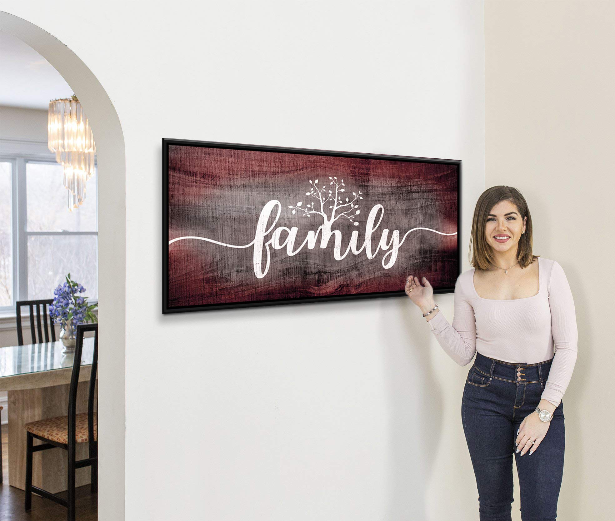 Farmhouse Family Word Sign Wall Art - Large Ready to Hang Living Room Decor with Black Floating Frame (Wine Red, 42x19 Inches) - Perfect for Country Style Homes, Rustic Weddings & Cozy Farmhouse Interiors