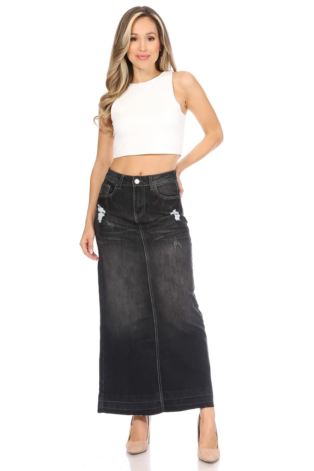 Fashion2Love Women's Juniors & Plus Size Long A-Line Stretch Denim Ripped Maxi Skirt (87995) - Trendy Distressed Denim Skirt for Casual Outings, Date Nights & Boho Style