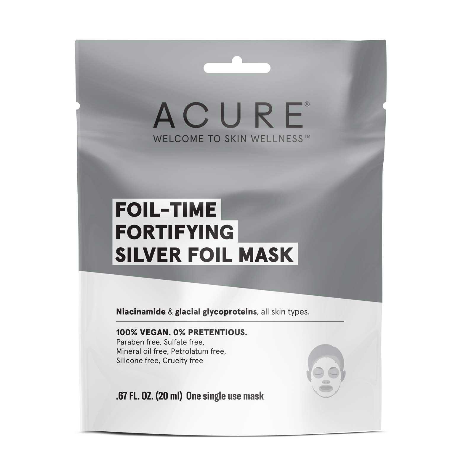 Acure Foil-Time Fortifying Silver Mask - 100% Vegan Face Mask with Niacinamide & Glacial Glycoproteins | Heat-Activated Pore Opening for Deep Serum Absorption | Rejuvenating & Refreshing Skin Care Treatment | 1 Count (ACO02146) | Perfect for Spa Nights & At-Home Skincare Routines