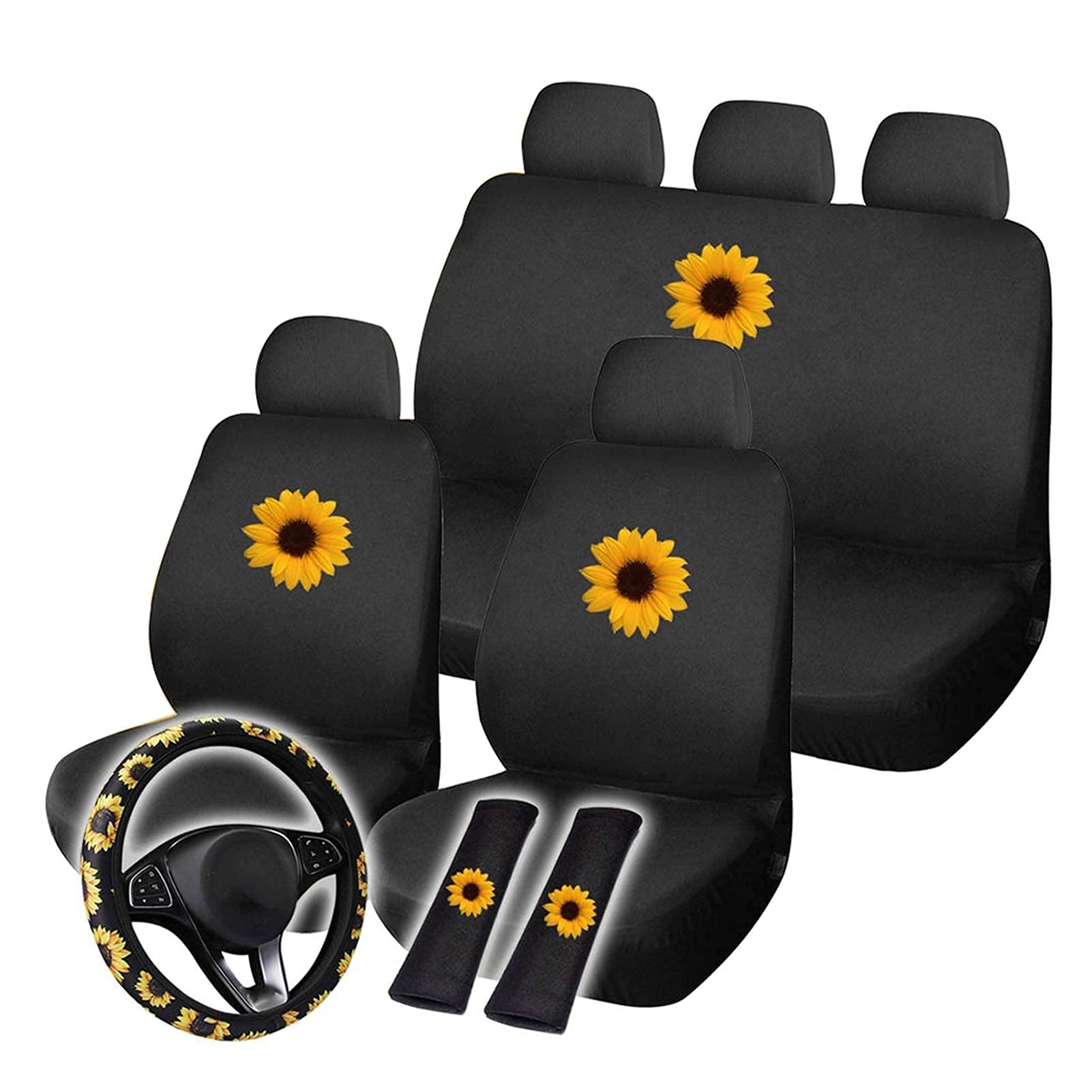 12PCS Sunflower Car Seat Covers Set with Steering Wheel Cover - Waterproof & Universal Fit for Cars, SUVs, Trucks - Vibrant Sunflower Pattern Car Accessories for Year-Round Comfort and Protection - Perfect for Road Trips, Daily Commutes, and Family Travel