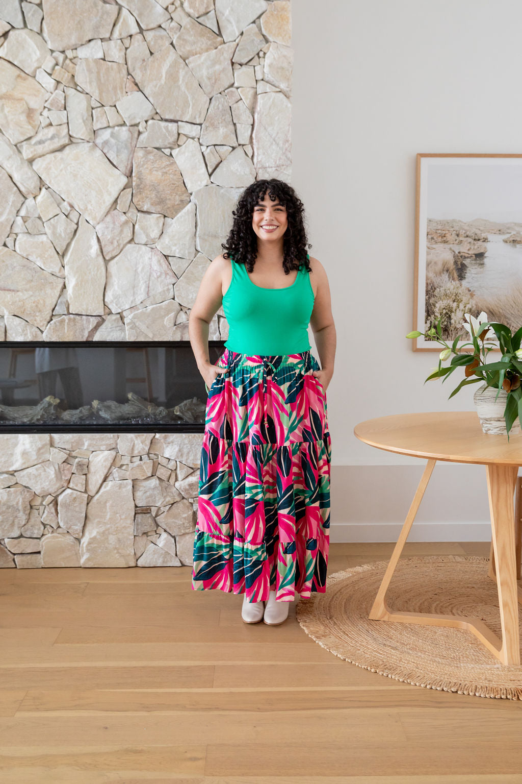 Carrie Skirt in Jungle Pink - Women's Floral A-Line Midi Skirt with Pockets | Perfect for Spring Outfits, Office Wear & Casual Dates