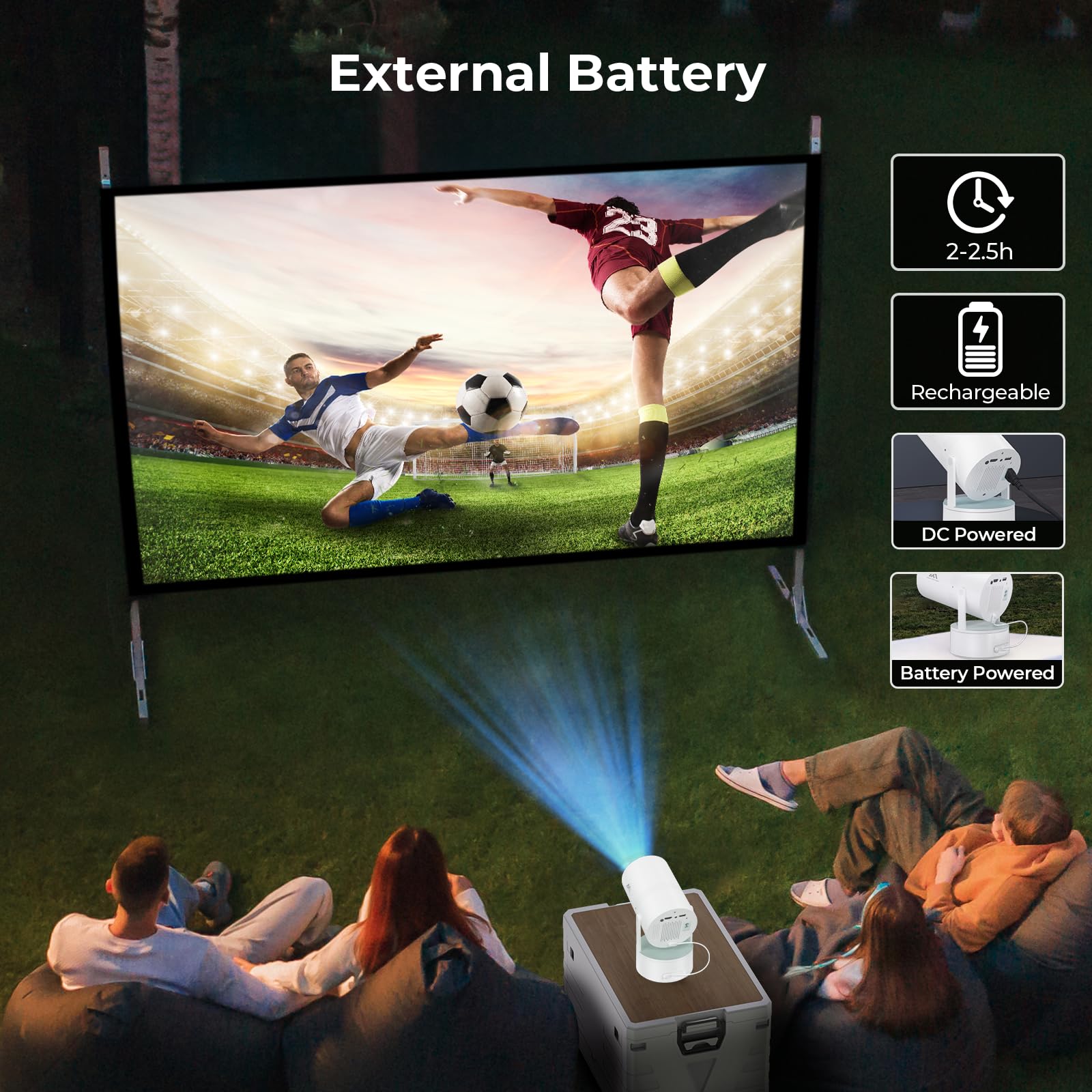 4K WiFi Bluetooth Mini Projector with Built-in Battery - 1080P Support, 270° Rotation, 150