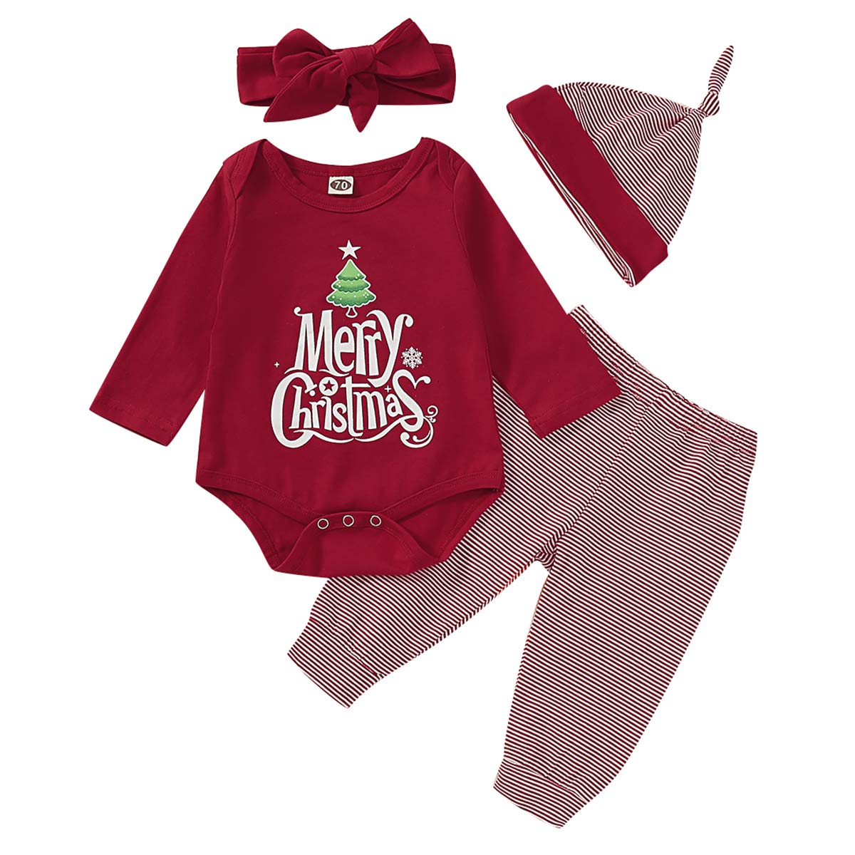 **SunshineFace Baby Toddler Girl Christmas Outfit Set - Romper, Pants, Headband & Hat - Holiday Party & Photo Shoot Outfits**