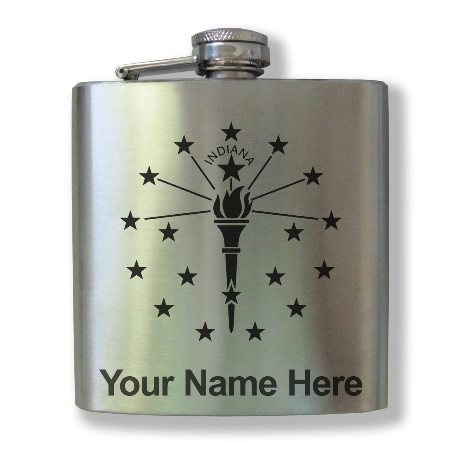 6oz Stainless Steel Flask with Indiana State Flag Design - Personalized Engraving & Durable Stainless Steel Finish - Perfect for Outdoor Adventures, Camping, Gifts & Bourbon Lovers