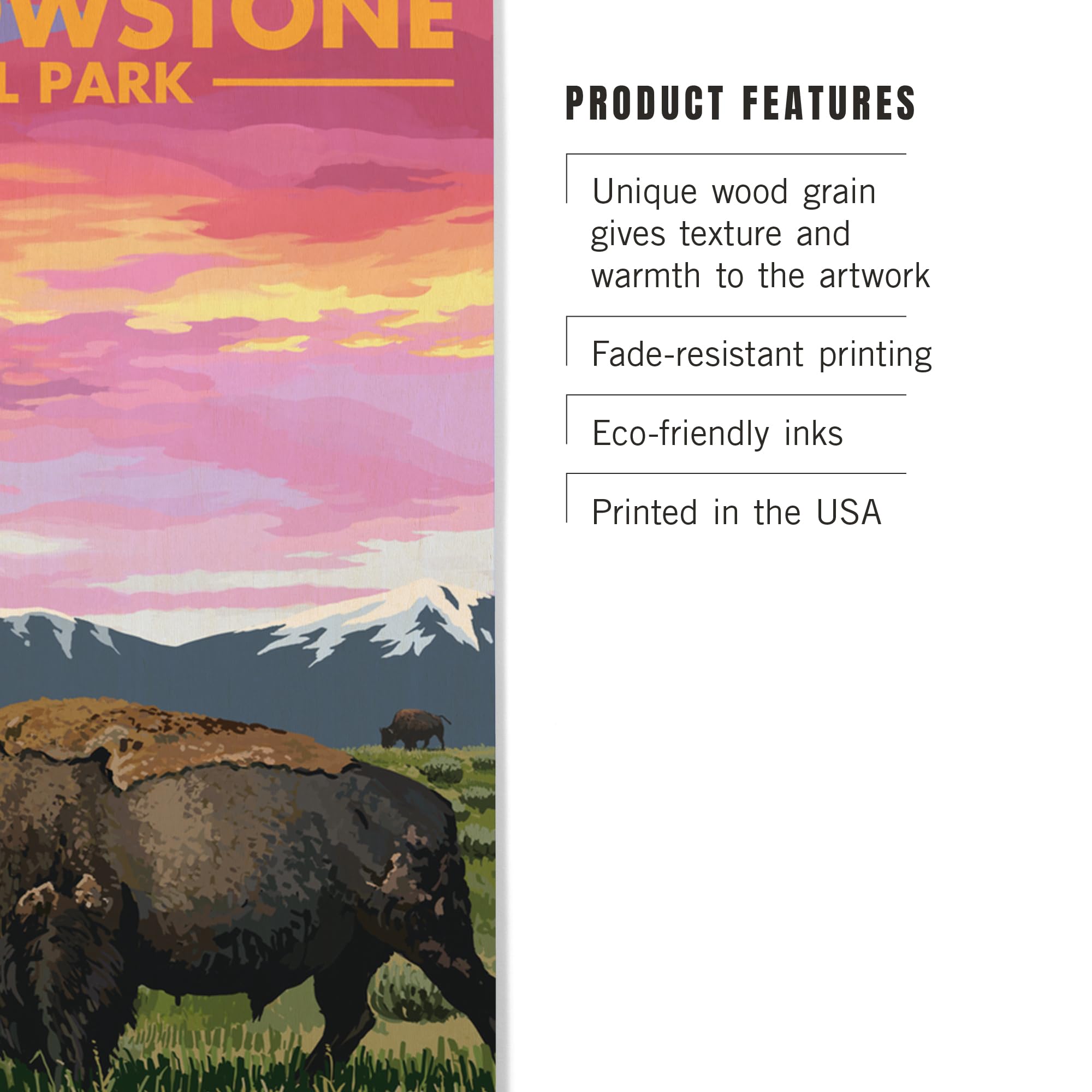 Lantern Press 12x18 Inch Premium Wood Wall Sign - Yellowstone National Park Bison Sunset Art - Ready to Hang Home Decor for Living Room, Bedroom, or Office