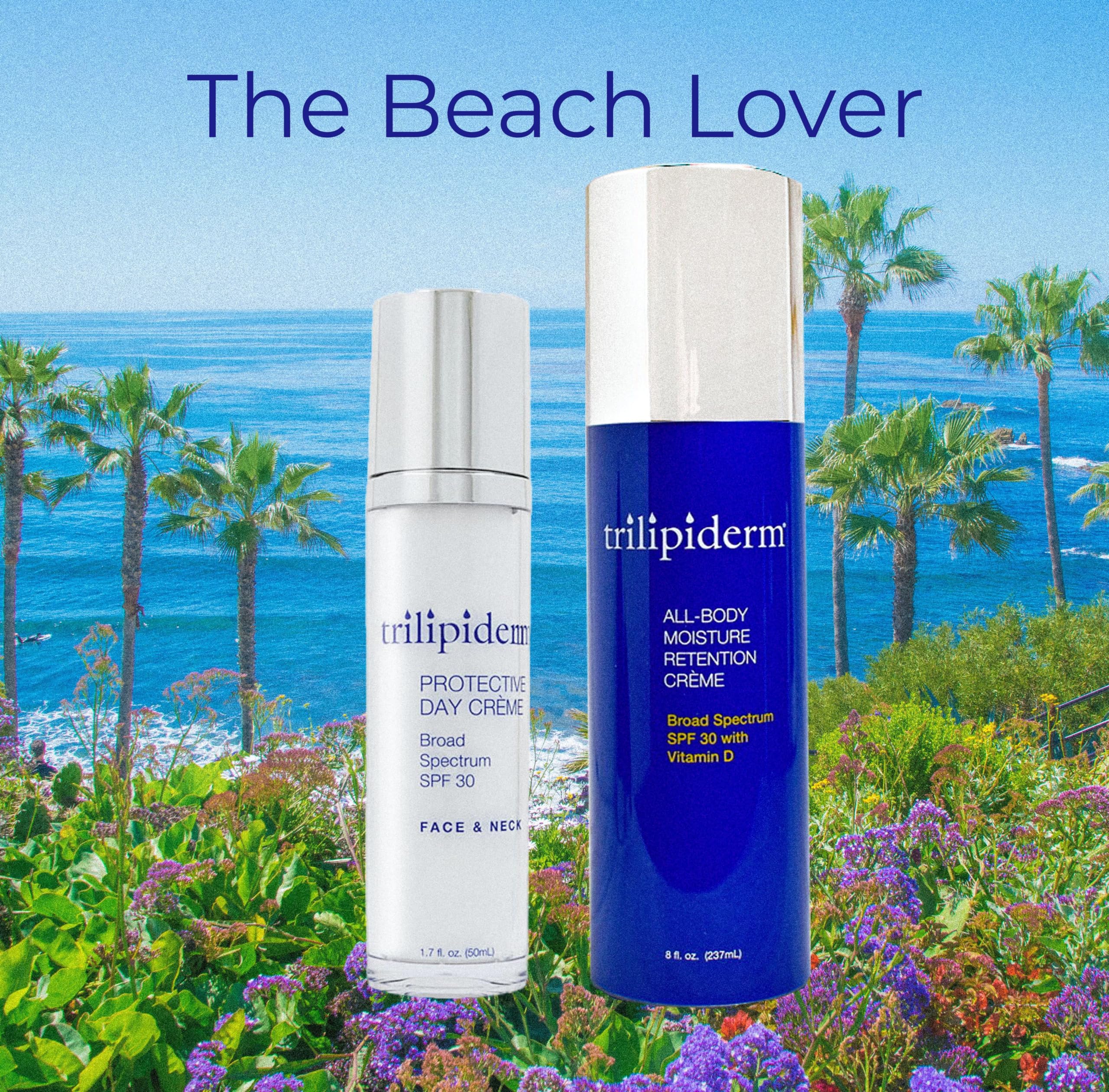 Trilipiderm Beach Lover Bundle - All-Body Moisturizing Cream & SPF 30 Day Cream for Face and Body | Hydrating Sun Protection Set with Broad Spectrum UV Defense | Travel Size for Vacation, Pool & Outdoor Activities
