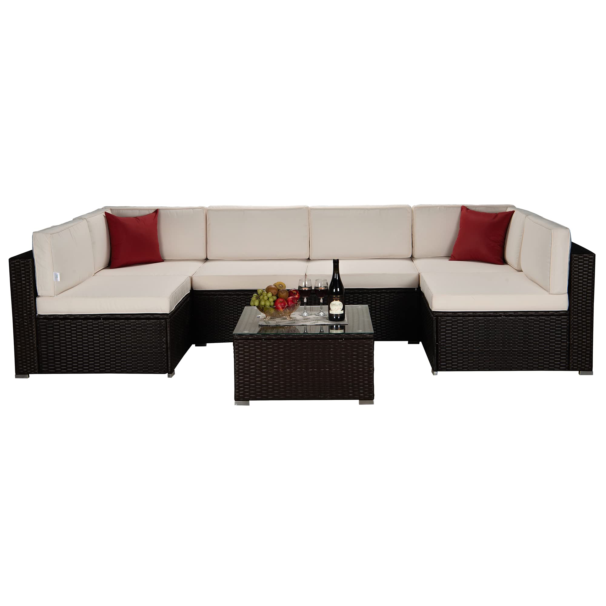 7-Piece Wicker Patio Furniture Set - Rattan Outdoor Sectional Sofa with Glass Table & Cushions (Espresso & Beige) - Perfect for Backyard, Garden, Poolside & Outdoor Entertaining