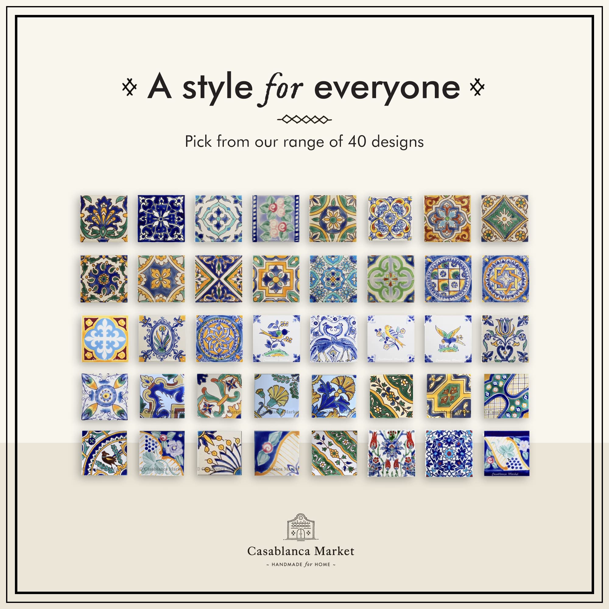 Casablanca Market MT002 Mediterranean Ceramic Azur Decorative Tile - Handmade Blue Mosaic Wall Tile for Kitchen Backsplash, Bathroom, and Outdoor Decor