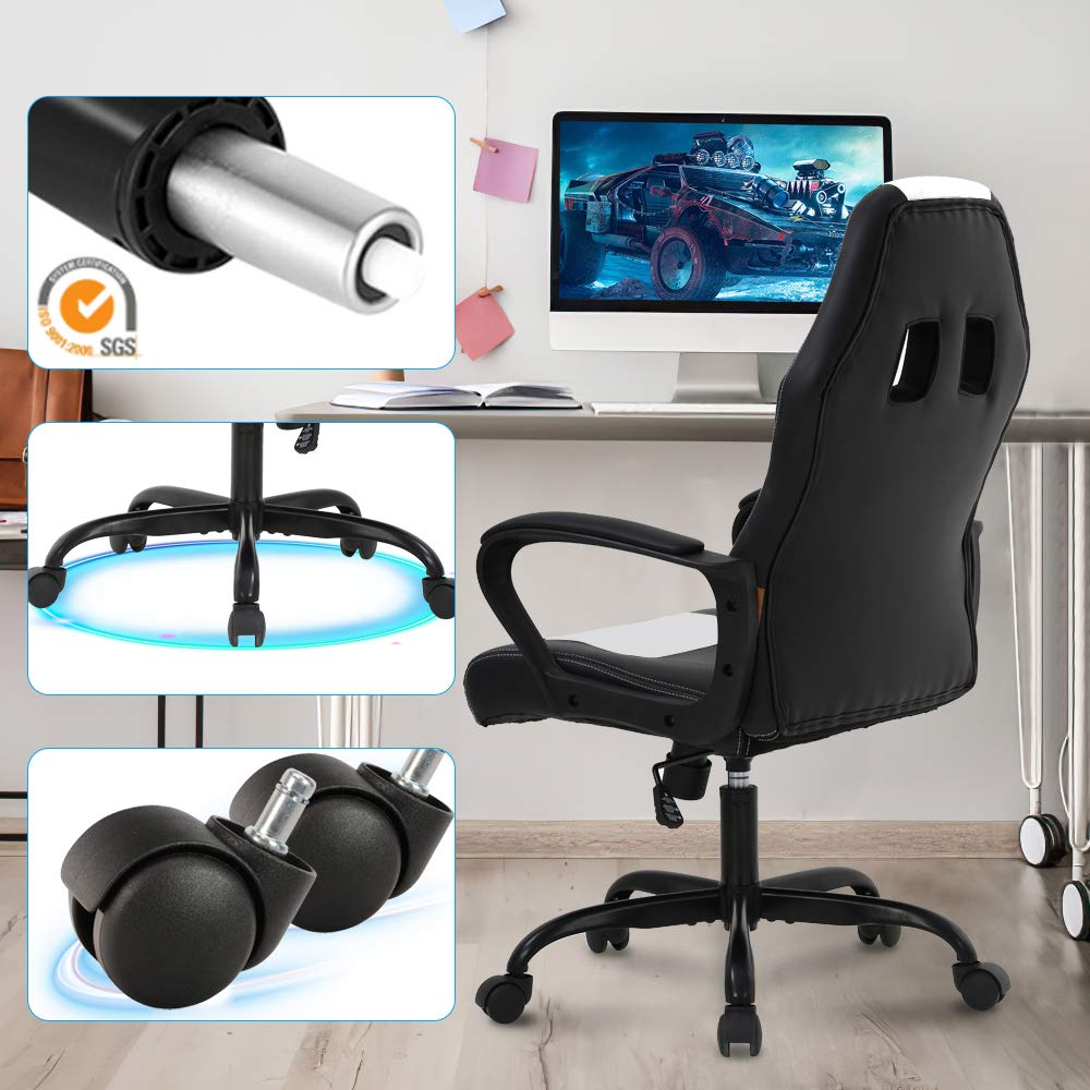 Ergonomic Gaming Chair - High Back PU Leather Office Chair with Lumbar Support & Adjustable Armrests, Swivel Computer Desk Chair for Adults, Height Adjustable Racing Style Executive Chair - Perfect for Home Office, Gaming Setup & Workstation (White)