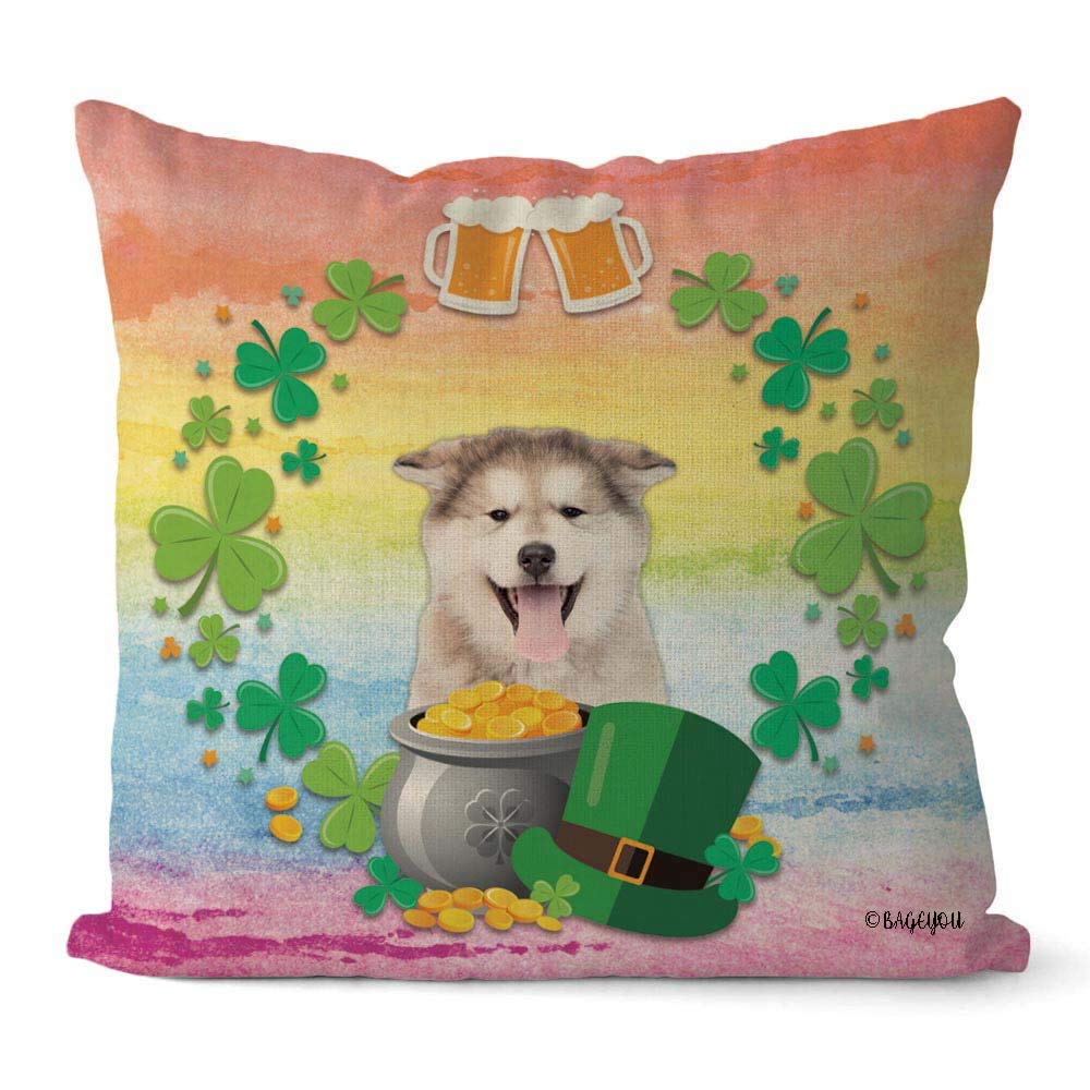 St. Patrick's Day Shamrock Clover Dog Pillow Cover - 18x18 Inch Square Cotton Linen Cushion Case with Leprechaun & Alaskan Malamute Puppy Design, Gold Pot Coins Beer Theme - Perfect for Home Decor, Couch Throw Pillow, Irish-Themed Parties & Pet Lover Gifts