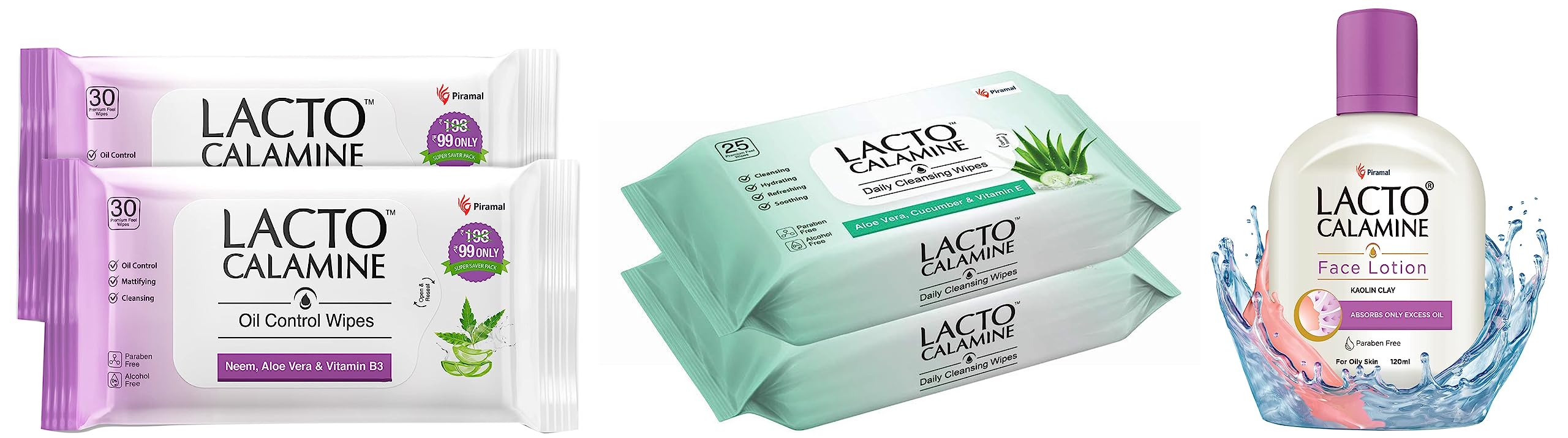 Lacto Calamine Oil Balance Face Lotion for Oily Skin (120ml) & Daily Cleansing Face Wipes (2 Pack, 50 Count) & Oil Control Face Wipes (2 Pack, 60 Count) – Acne Treatment, Shine Control, On-the-Go Skincare for Men & Women