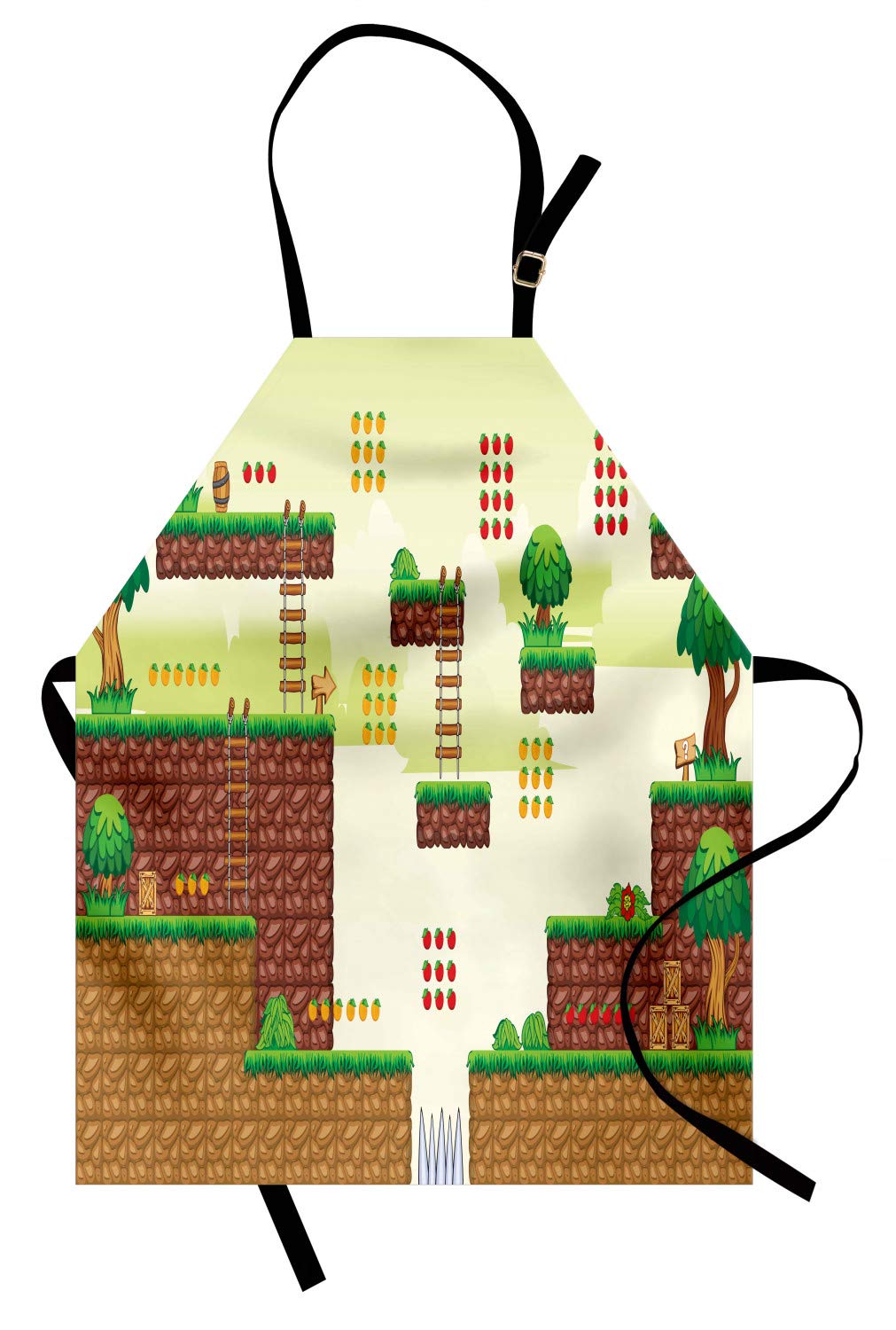 Ambesonne Unisex Arcade Video Game Print Apron - Adjustable Neck Kitchen Bib for Cooking, Baking, Grilling & Gardening - Ground Tiles Trees Computer Game Design - Adult Size Pale Green Brown - Perfect for Gamers, Home Chefs & Outdoor Enthusiasts