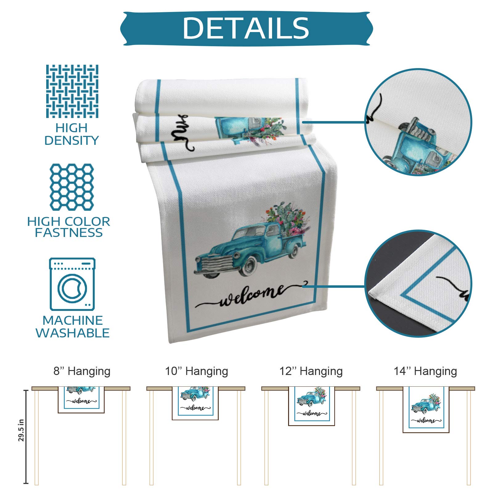 120 Inch Blue Summer Truck with Cactus Burlap Linen Table Runner - Farmhouse Kitchen Dining Decor for Coffee Table, Party & Banquet | Rustic Welcome Sign for Home, Tropical White Dresser Scarf