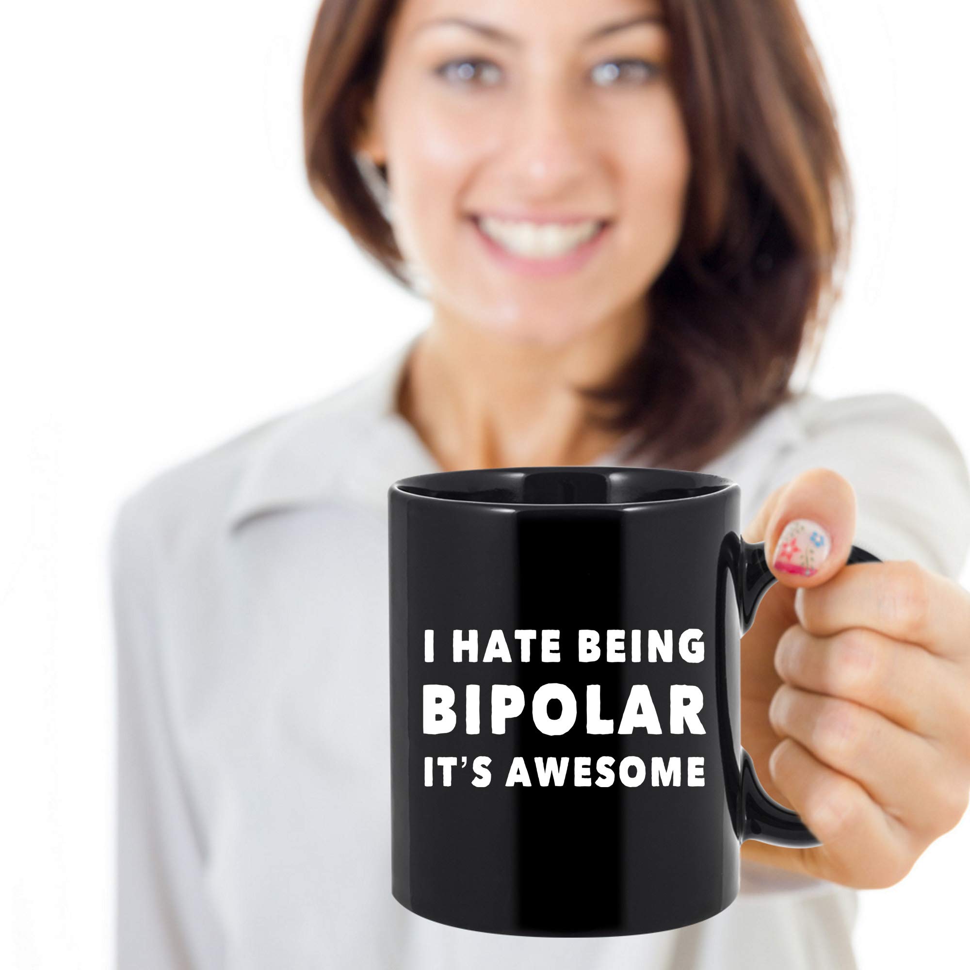 Funny Bipolar Coffee Mug - 'I Hate Being Bipolar It's Awesome' 11oz Black Ceramic Cup - Perfect Gift for Women & Men - Great for Office, Home Use & Mental Health Awareness