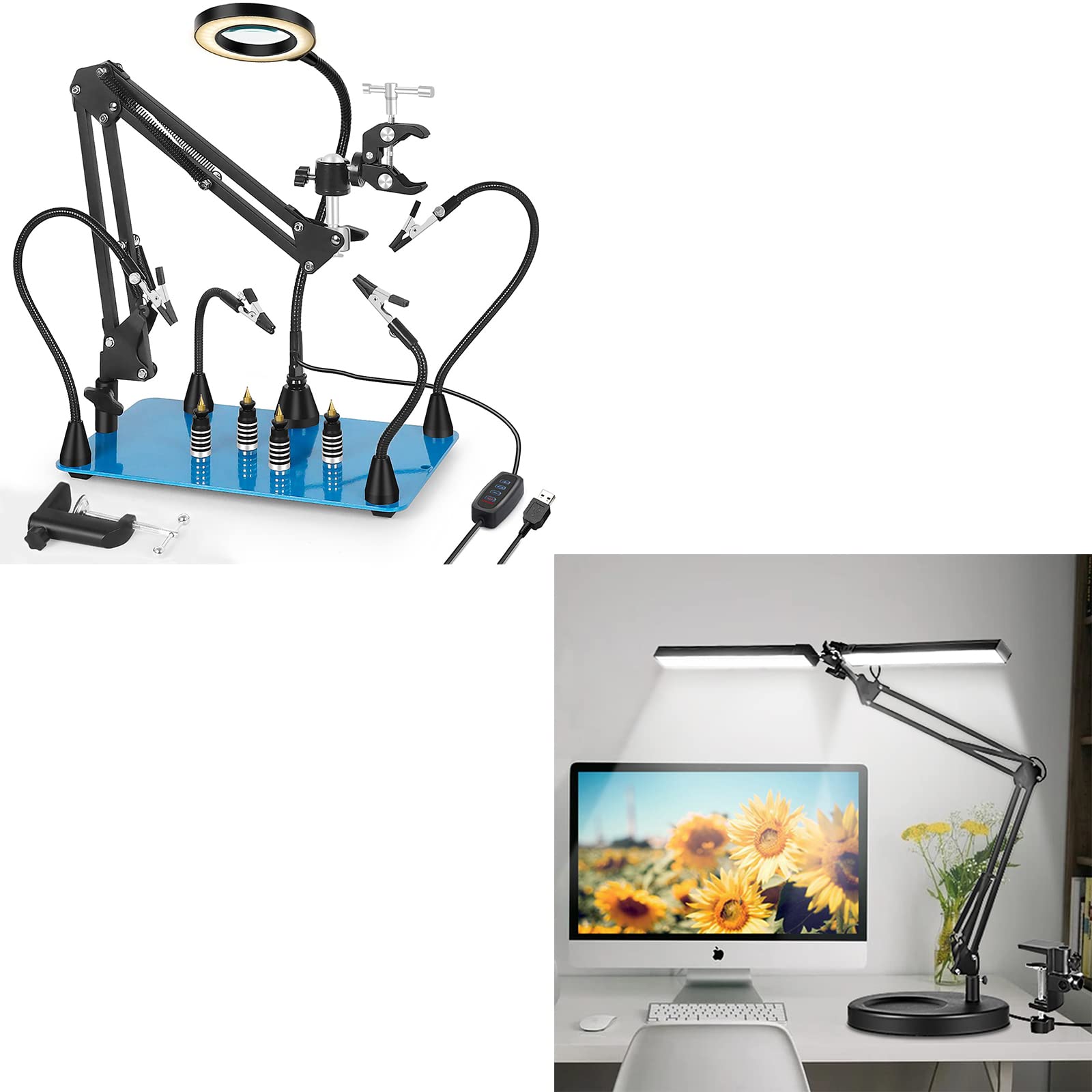 360° Rotating Magnetic Soldering Helping Hands with Hot Air Gun Holder & 2-in-1 LED Desk Lamp - 160 LED Beads, 24W Architect Light for Home Office, DIY Electronics Repair, Jewelry Making, and Craft Workstation