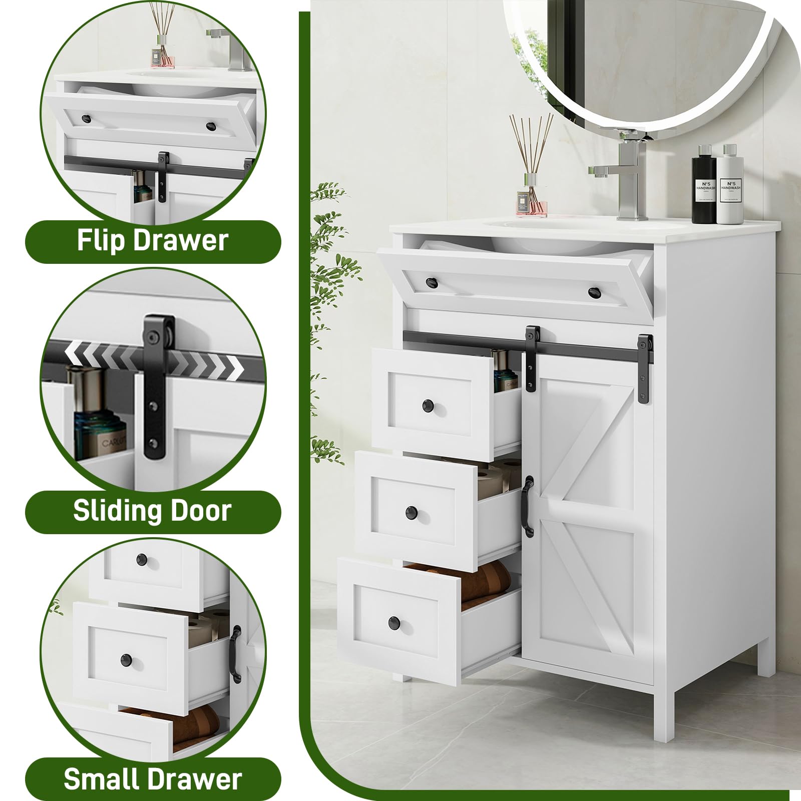 Vabches Freestanding Bathroom Vanity Set with Sink, Matte Silver Faucet, Drawers & Sliding Door - White Bathroom Storage Cabinet for Small Spaces, Modern Powder Room & Guest Bathroom Makeover