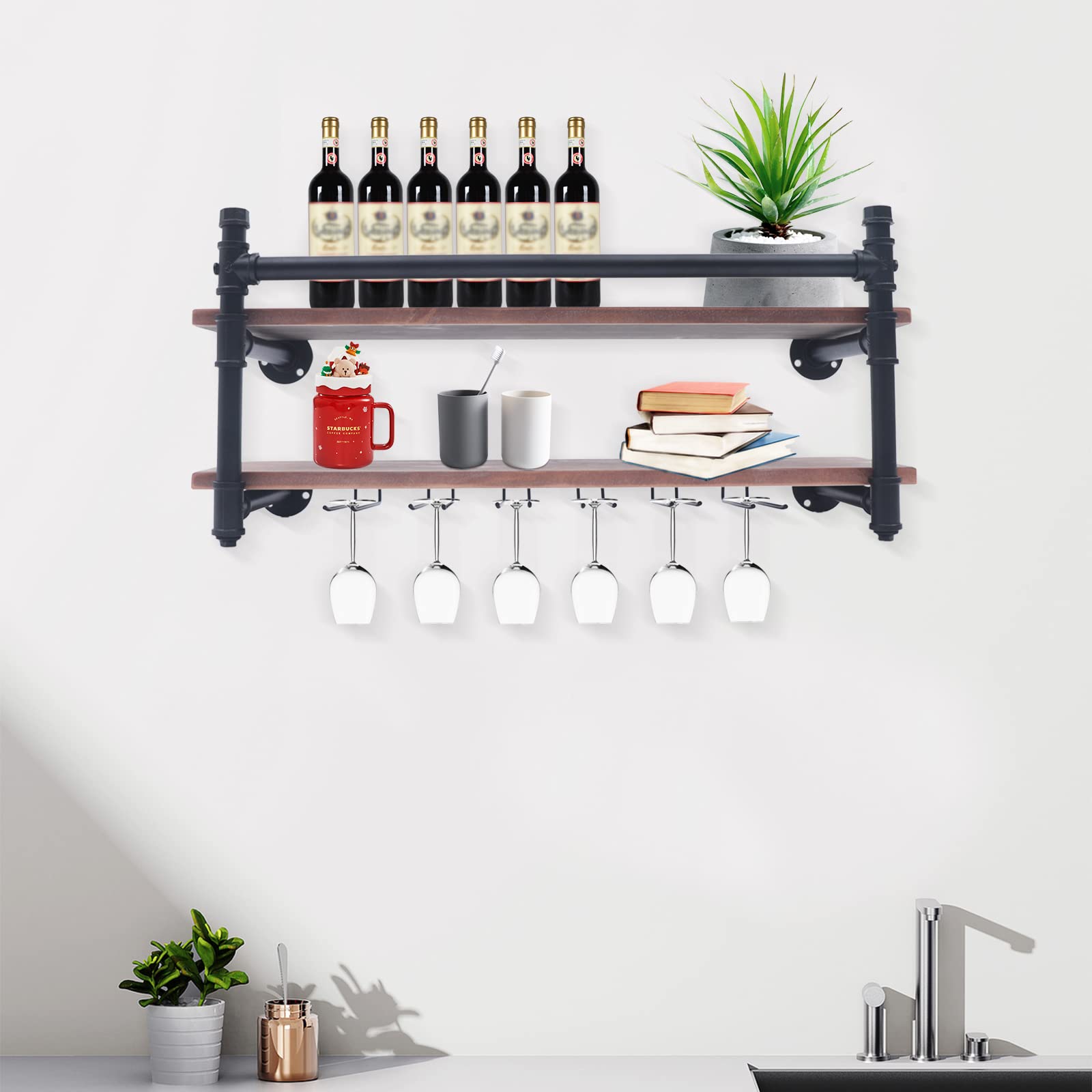TFCFL 2-Tier Wall Mounted Wine Rack - Industrial Pipe Floating Shelf for Wine Bottles Storage | Perfect for Kitchen, Bar, Restaurant & Home Decor
