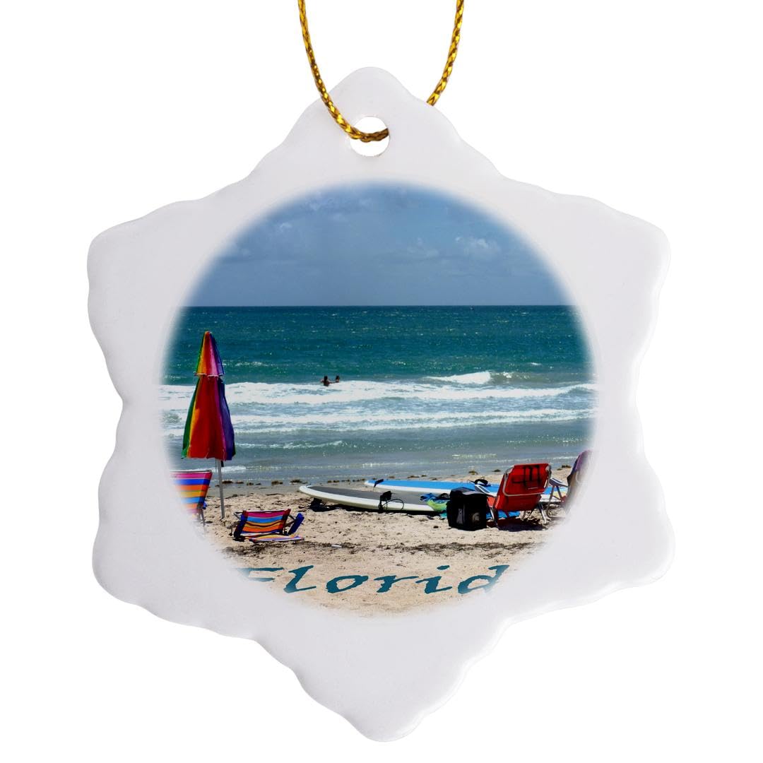 3D Rose Florida Beach Ornament - Porcelain 3-Inch Snowflake Decor with Surfboards, Umbrellas & Ocean Scene - Perfect for Christmas Tree, Coastal Home Decor & Holiday Gifts