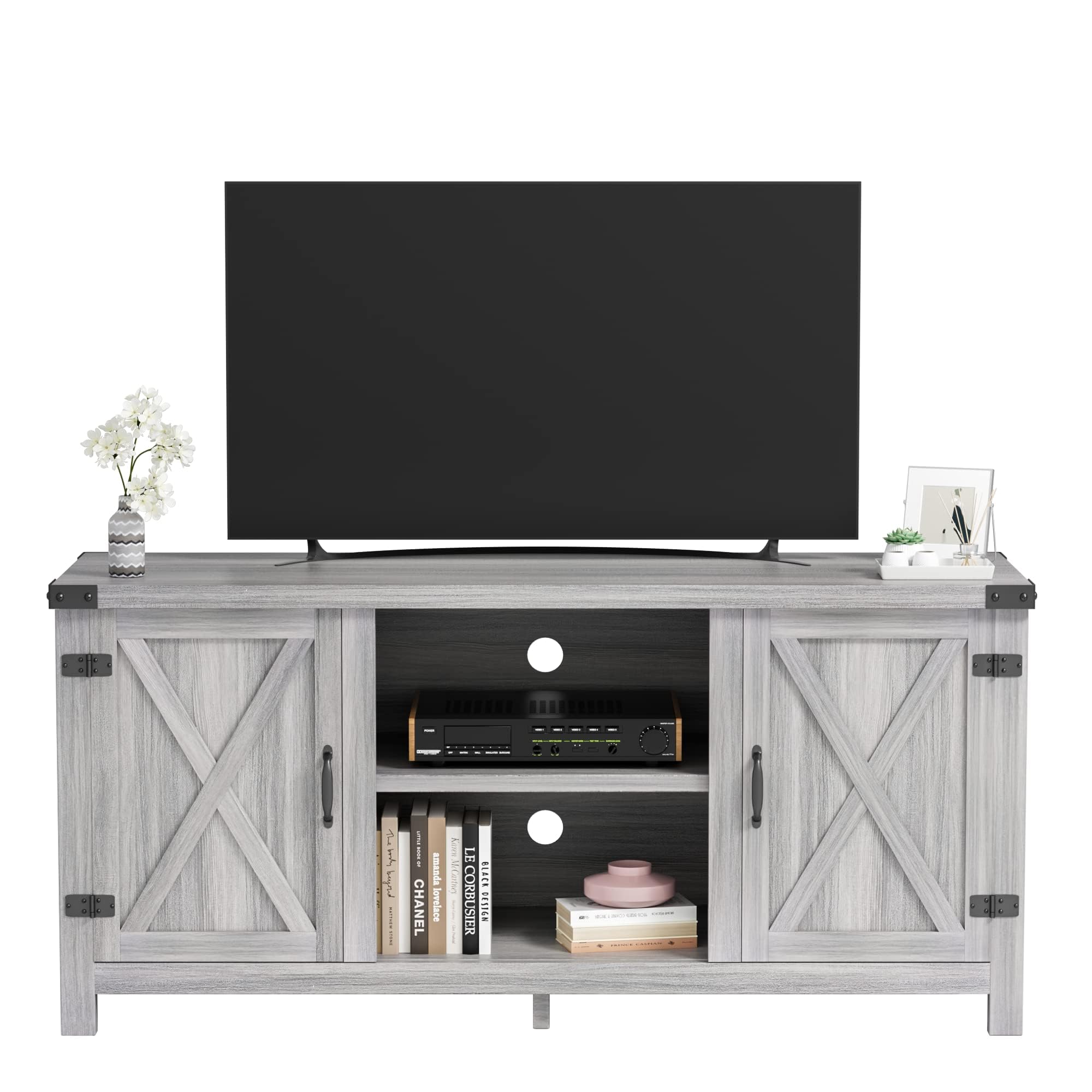 JUMMICO 65 Inch TV Stand - Farmhouse Style Entertainment Center with Double Barn Doors & Storage Cabinets, Media Console Table for Living Room & Bedroom (Grey) - Perfect for Rustic Home Decor & TV Organization