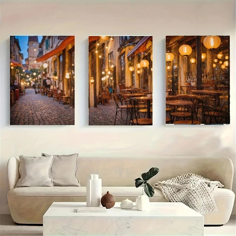 3-Piece Majestic White Metal Print Wall Art - Cobblestone Street Landscape - Ready to Hang - Perfect for Living Room, Bedroom & Office Decor