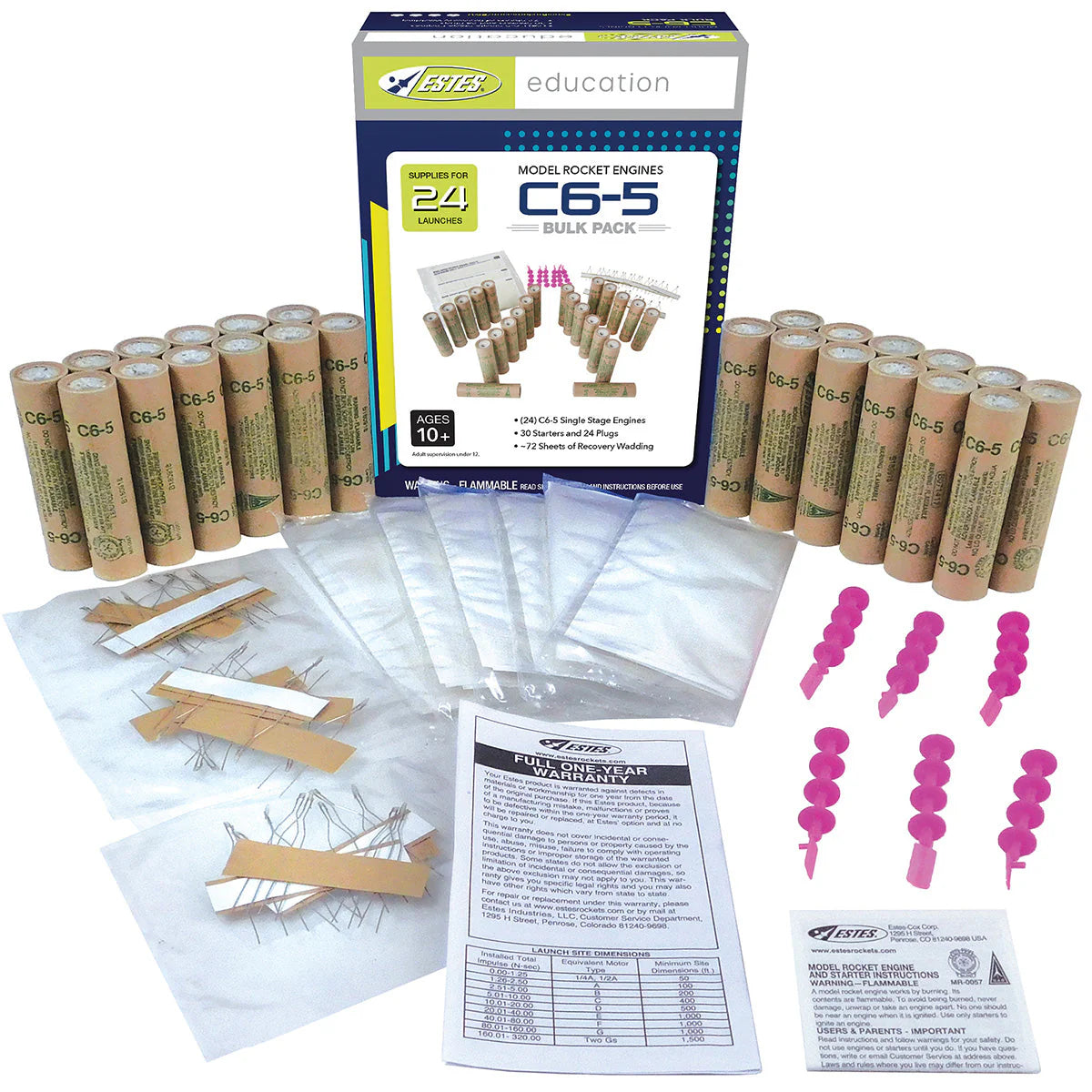 Estes C6-5 Model Rocket Engines Bulk Pack - 24 Engines with Starters, Plugs & Recovery Wadding (1789) | High-Power Rocketry for Beginners & Hobbyists | STEM Education, Science Projects & Outdoor Activities