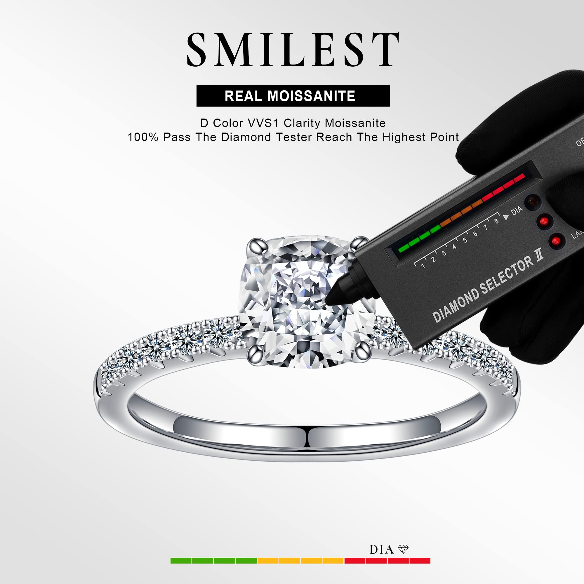 1.5ct Cushion Cut Moissanite Engagement Ring for Women - D Color VVS1 Clarity Lab Created Diamond Alternative - 18K White Gold Plated 925 Sterling Silver Wedding Band with Side Stones - Perfect for Proposals, Anniversaries & Special Occasions