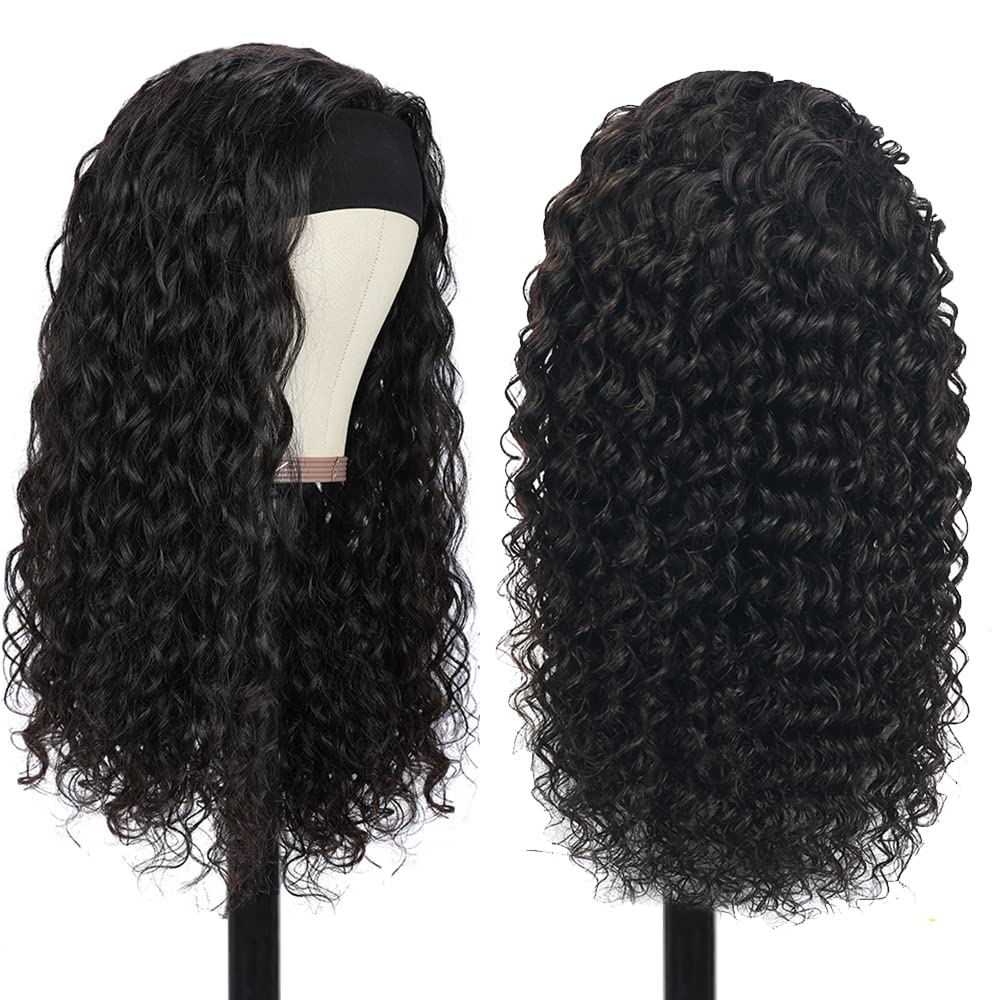 XSY Deep Wave Headband Wig - 150% Density Virgin Human Hair Wigs for Black Women | No Lace Front | 12 Inch Natural Color Curly Hair | Perfect for Daily Wear, Parties & Protective Styling