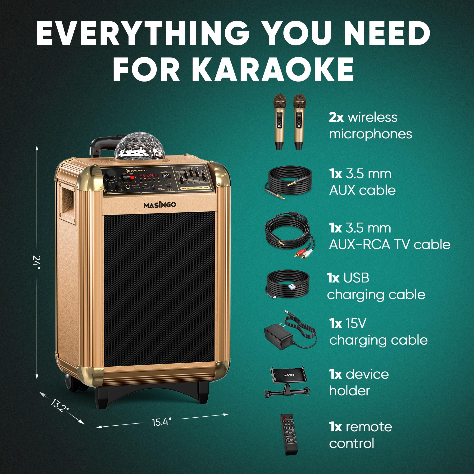 MASINGO X1 Karaoke Machine with Bluetooth Wireless Microphones - Portable PA Speaker System for Adults & Kids, Includes Disco Ball Party Lights, Lyrics Display Tablet Holder & TV Cable - Perfect for Home Parties, Birthday Celebrations & Family Gatherings