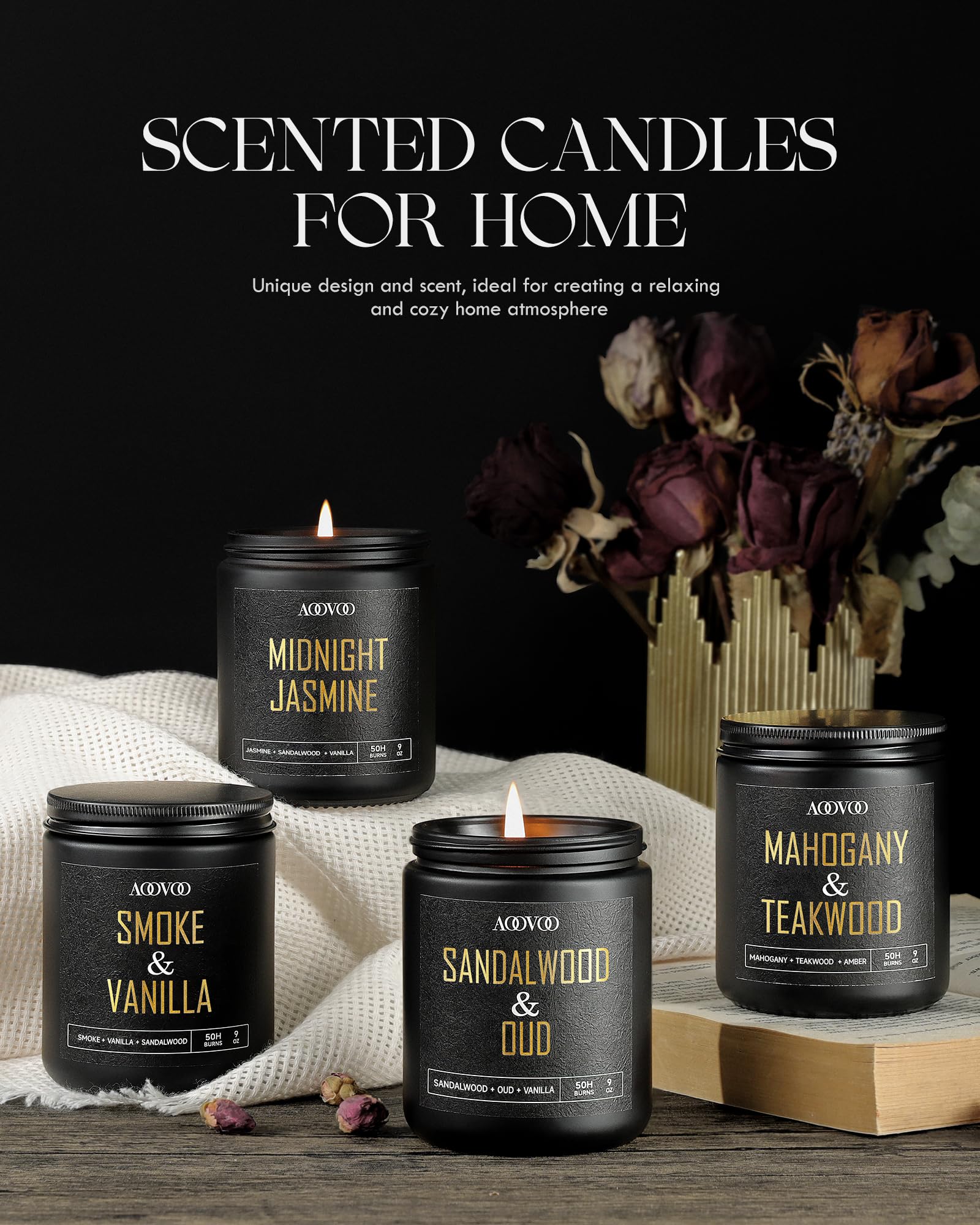 AOOVOO 4 Pack Scented Candles for Men - 36oz Soy Wax Candles with 200 Hour Burn Time, Sandalwood Oud/Mahogany Teakwood/Smoke Vanilla/Jasmine Fragrance Set - Perfect for Home, Office, Meditation & Romantic Gifts