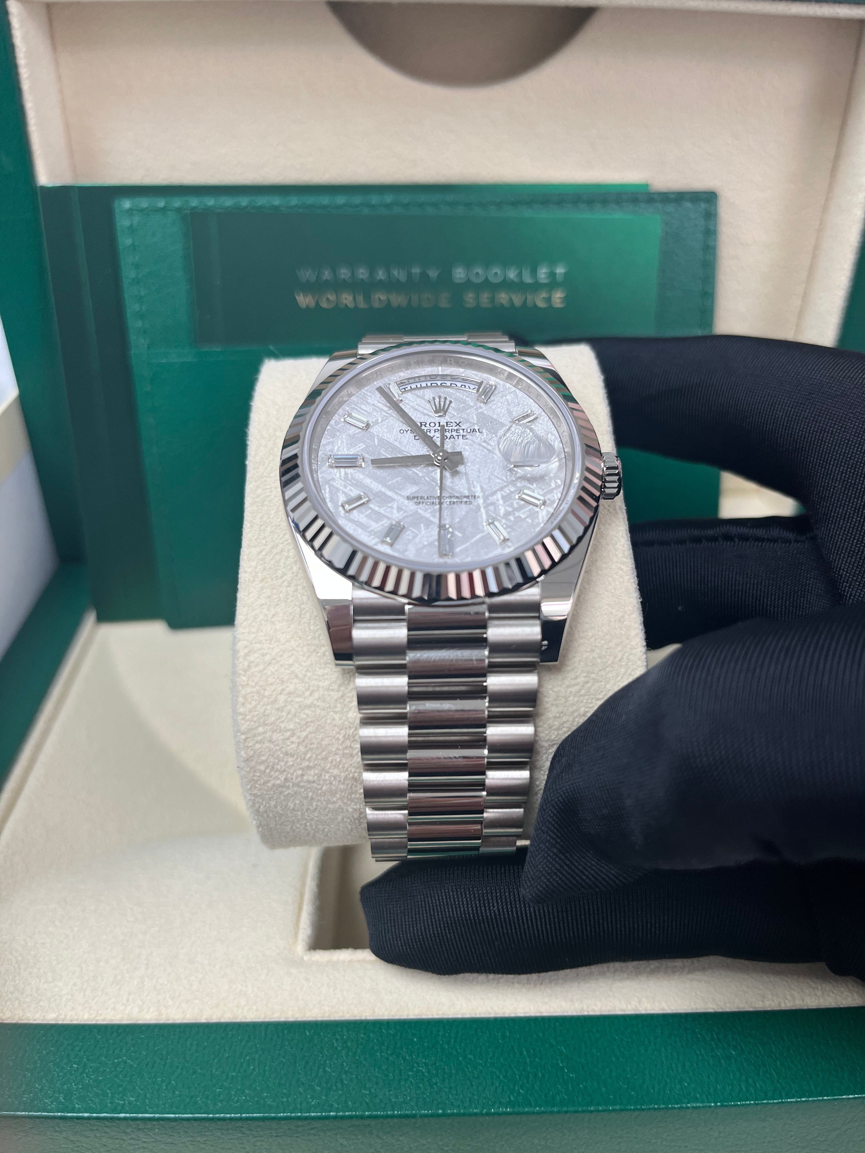 Rolex Day-Date 40mm Men's Watch - Meteorite Baguette Diamond Dial, White Gold Fluted Bezel, Ref. 228239 | Luxury Dress Watch for Business & Formal Occasions