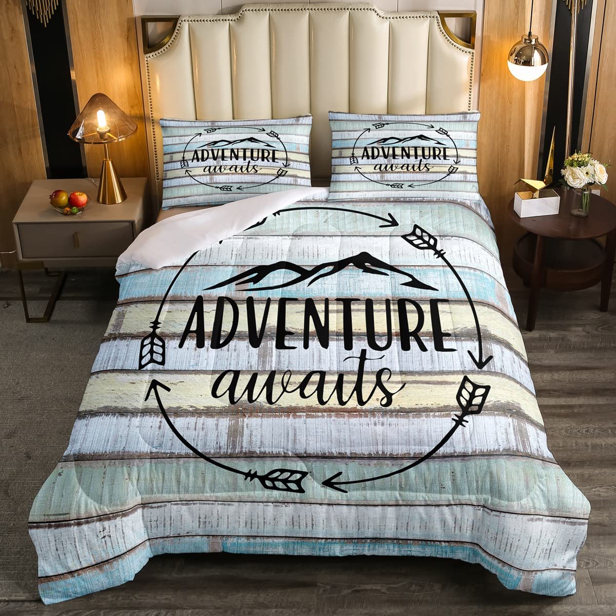 Vintage Wooden Door Camping Comforter Set - Full Size Duvet Cover for Kids Boys Girls, Cozy Camper Bedding for Travel & Car Camping - Perfect for Outdoor Adventures & Room Decor