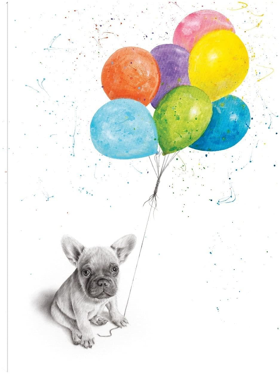 Fine Art Canvas - Little Frenchie and The Balloons Wall Decor by Artist Ashvin Harrison | Modern Home & Office Decor for Living Room, Bedroom, Bathroom, Kitchen, Bar, Dining & Guest Room | Ready to Hang 24x32 Inch Canvas Painting | Perfect for Gifts, Housewarming & Interior Design